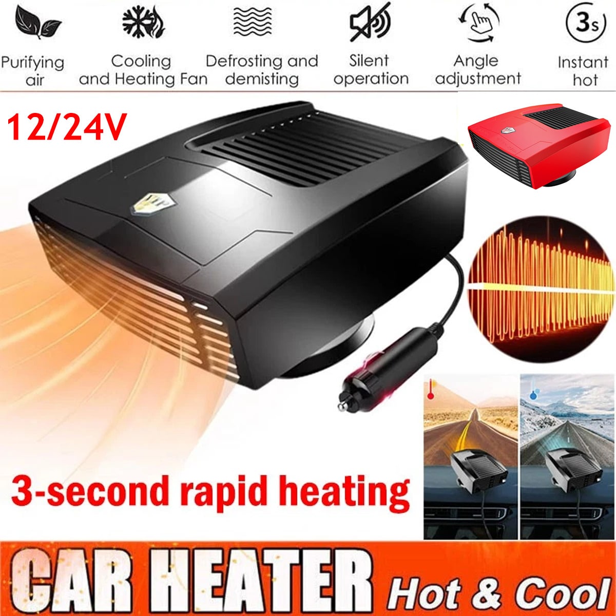 Portable 24/12V Car Heater, 2 In1 Fast Heating And Cooling Fan For Car Windshield Defogger Defroster, Plug-In Cigaerte Lighter Suitable For Vehicles Cars SUV