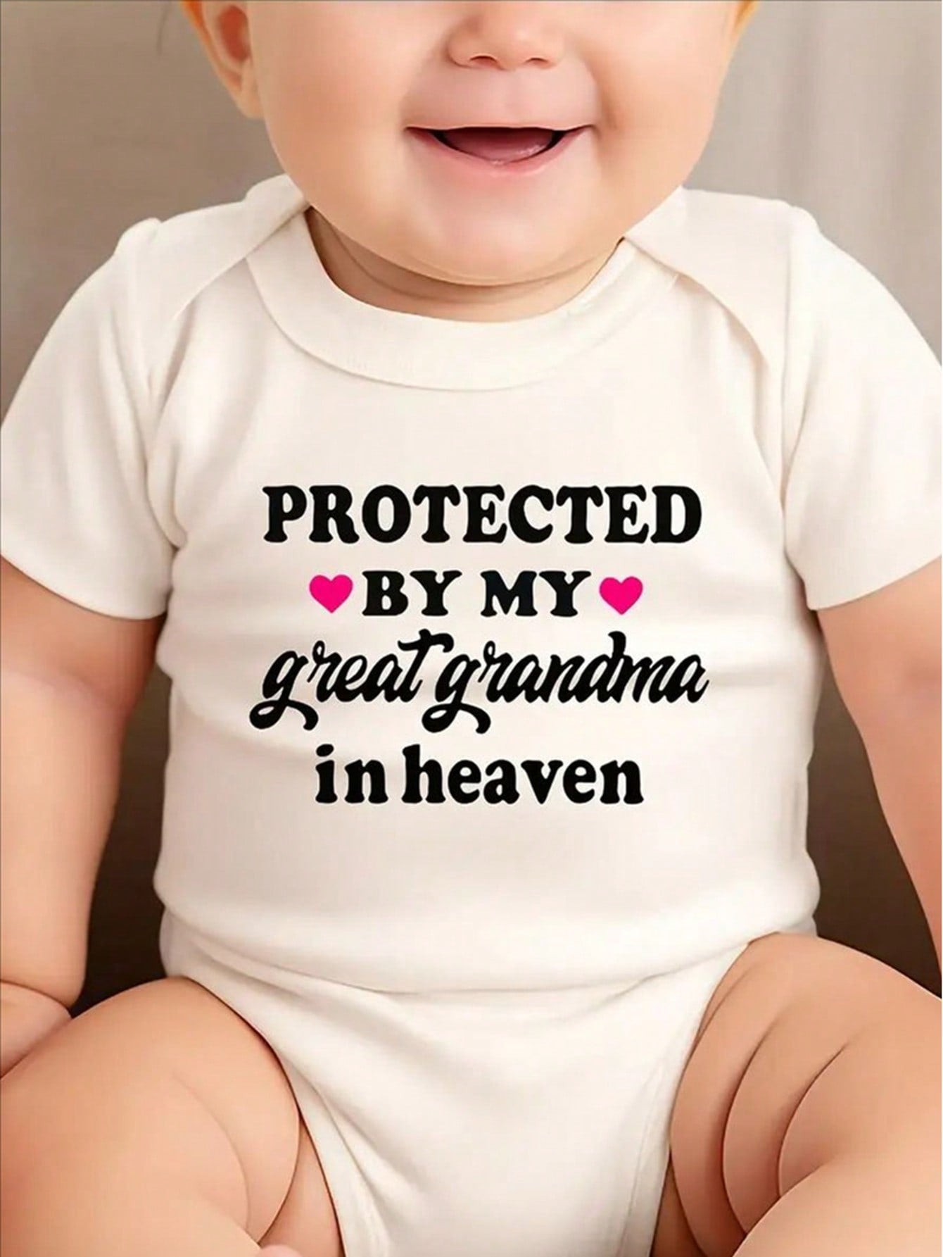 Protected By My Great Grandma In Heaven" Baby Romper- Soft 100% Cotton, Short Sleeve, Funny Newborn Boys' Jumpsuit With Heart Print, Casual Comfortable Triangle Bodysuit For Spring/Summer, Sentimenta