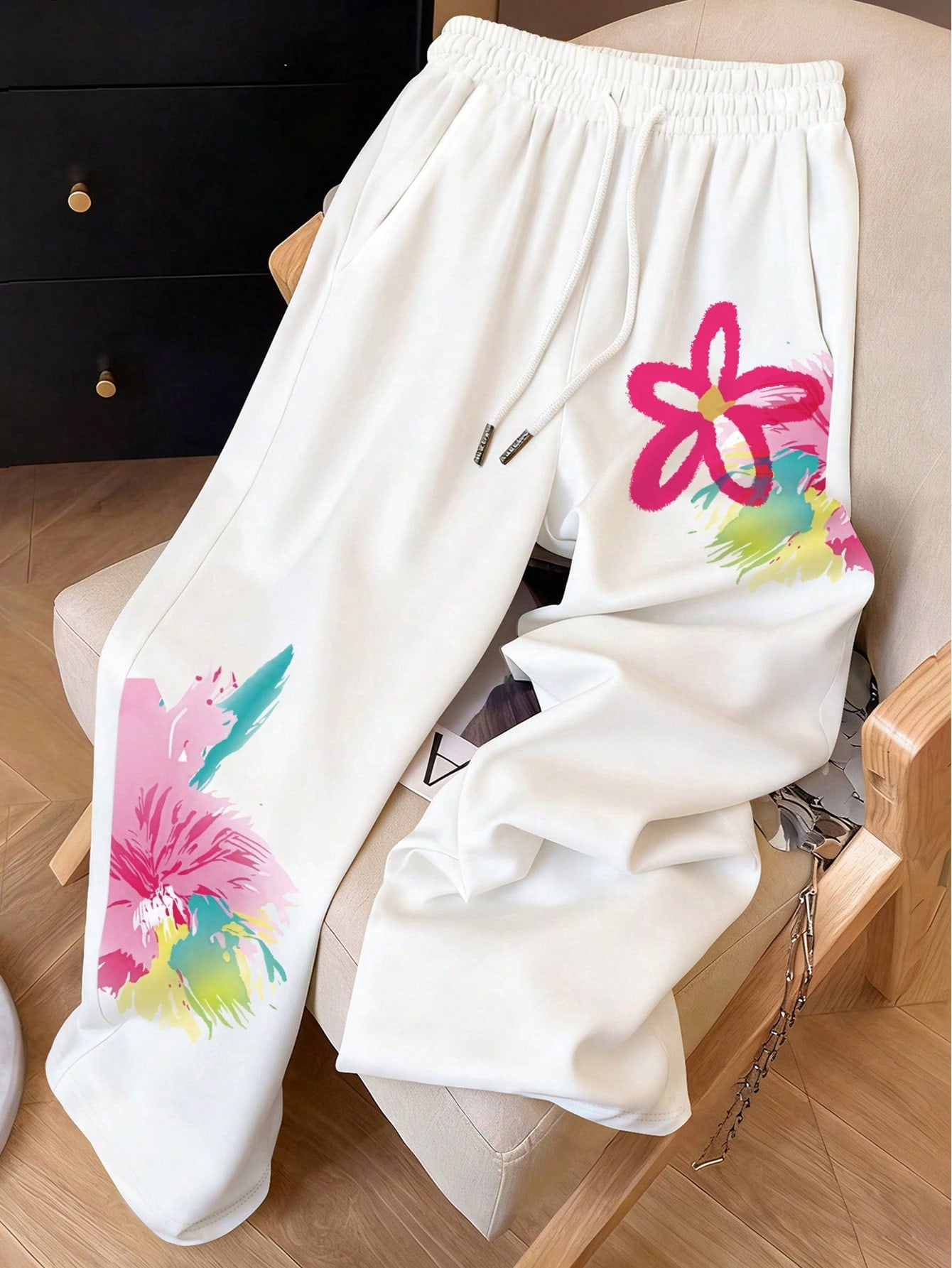 Resyla White Flower Summer Casual Date Watercolor Floral Print Drawstring Wide Leg Pants,Y2K Sweet Girl Colorblock Graffiti Loose Elastic Waist Trousers