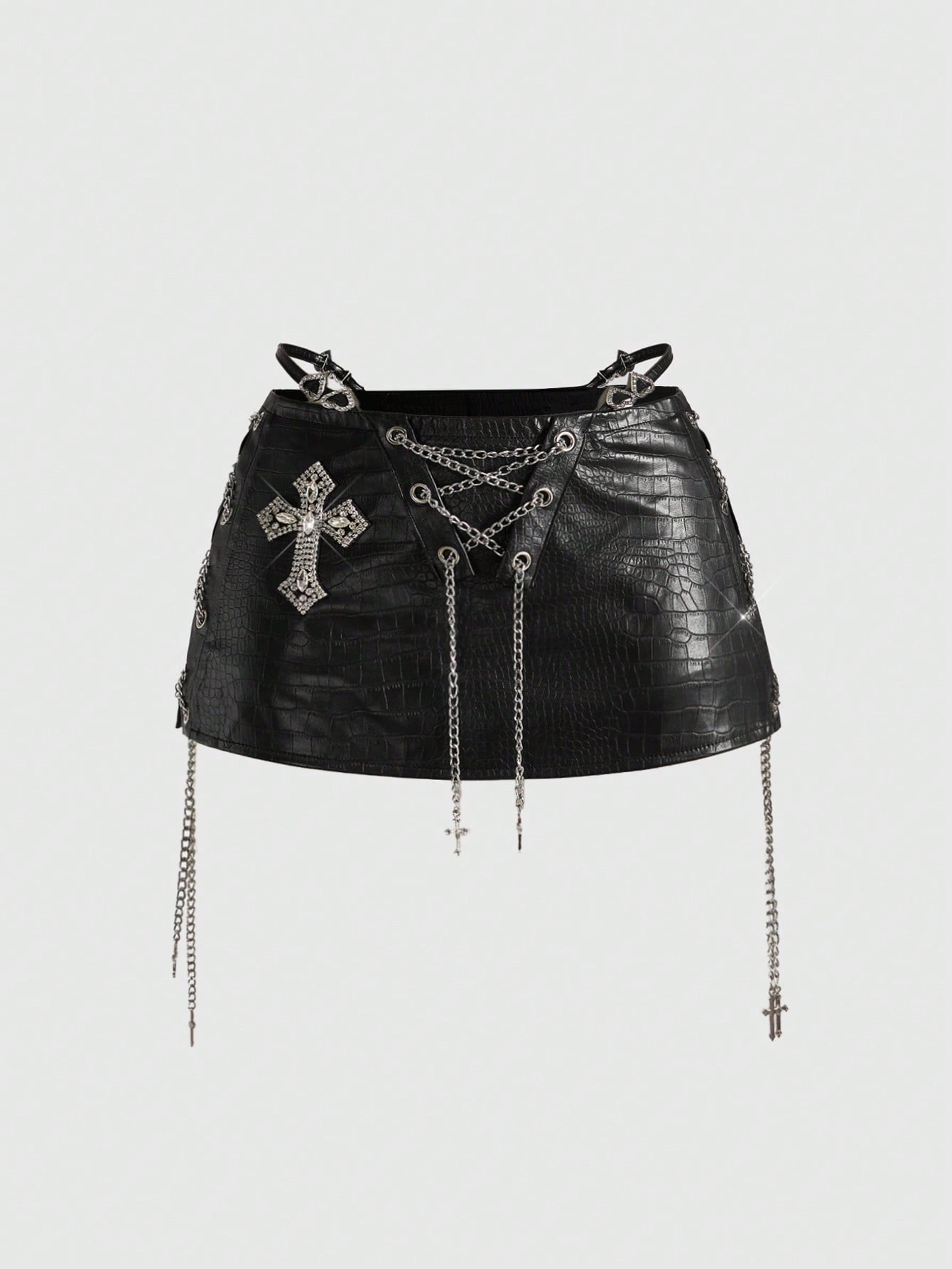 ROMWE Avant Spring/Summer Women's Retro Gyaru Biker PU Decorative Accessory Super Low Waist Mini Bodycon Skirt