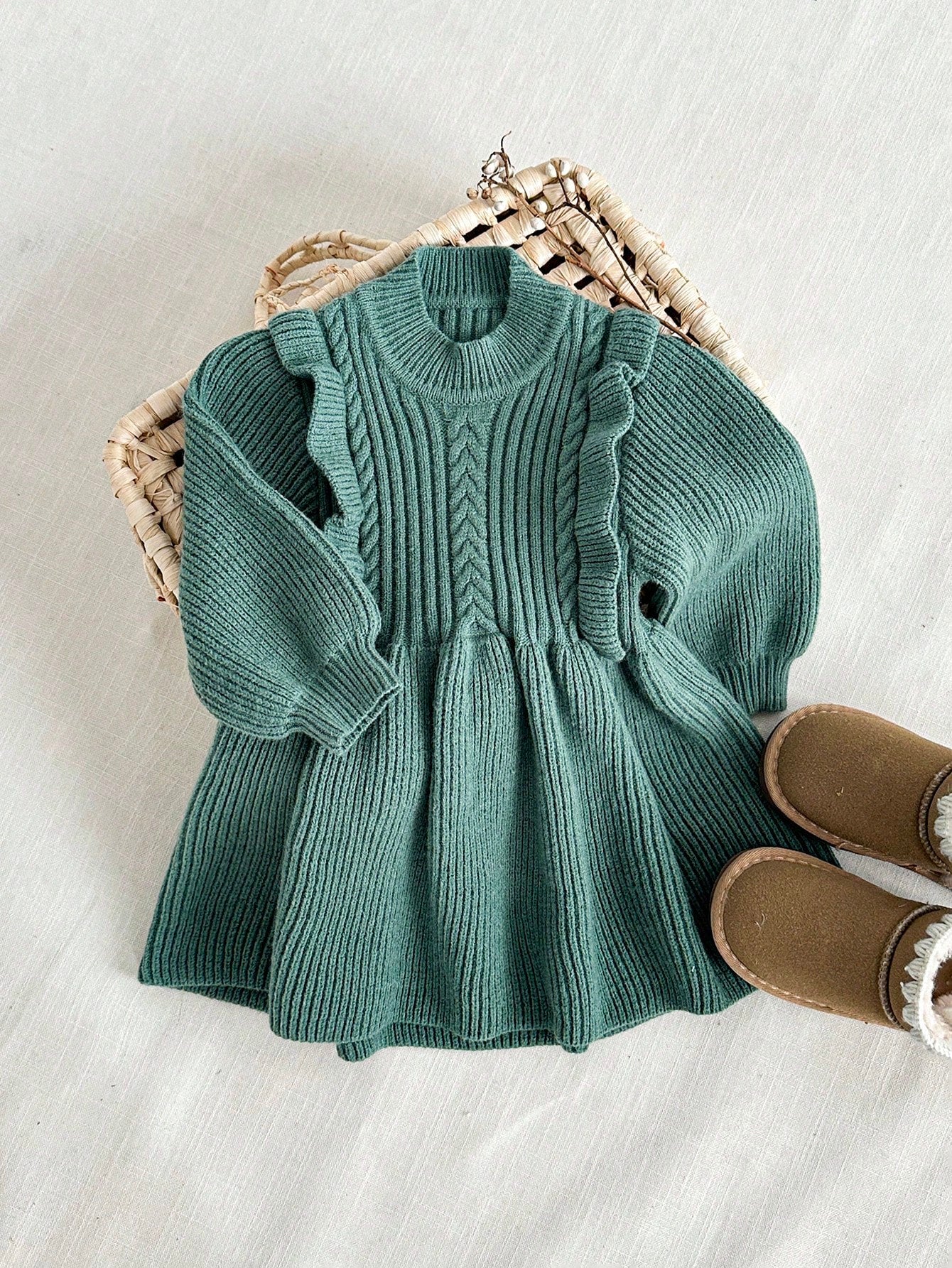Ruffle Trim Solid Color Long Sleeve Comfortable Knit Sweater Dress, Autumn/Winter