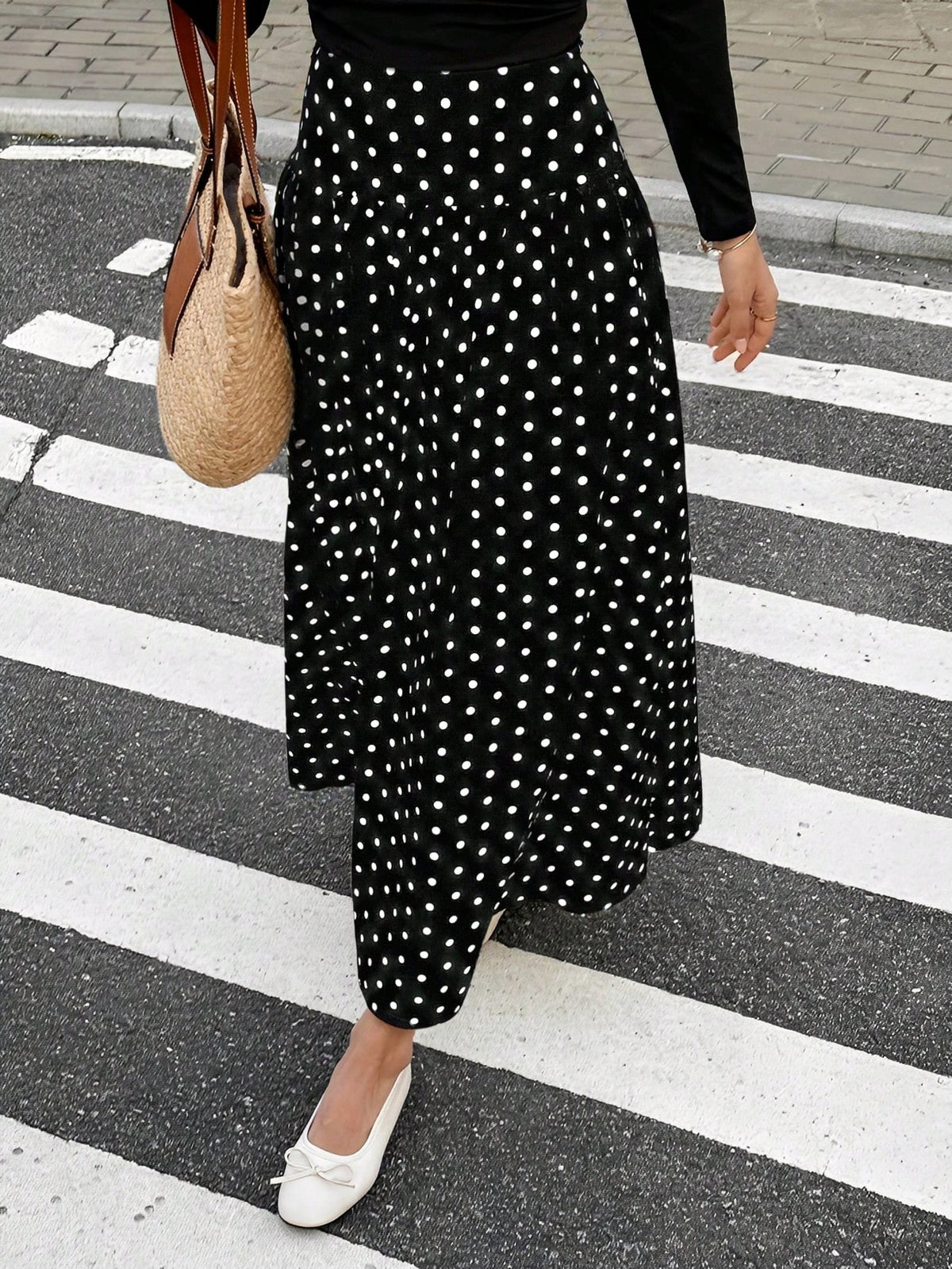 Serisse Women's Casual Polka Dot Print A-Line Skirt, Autumn