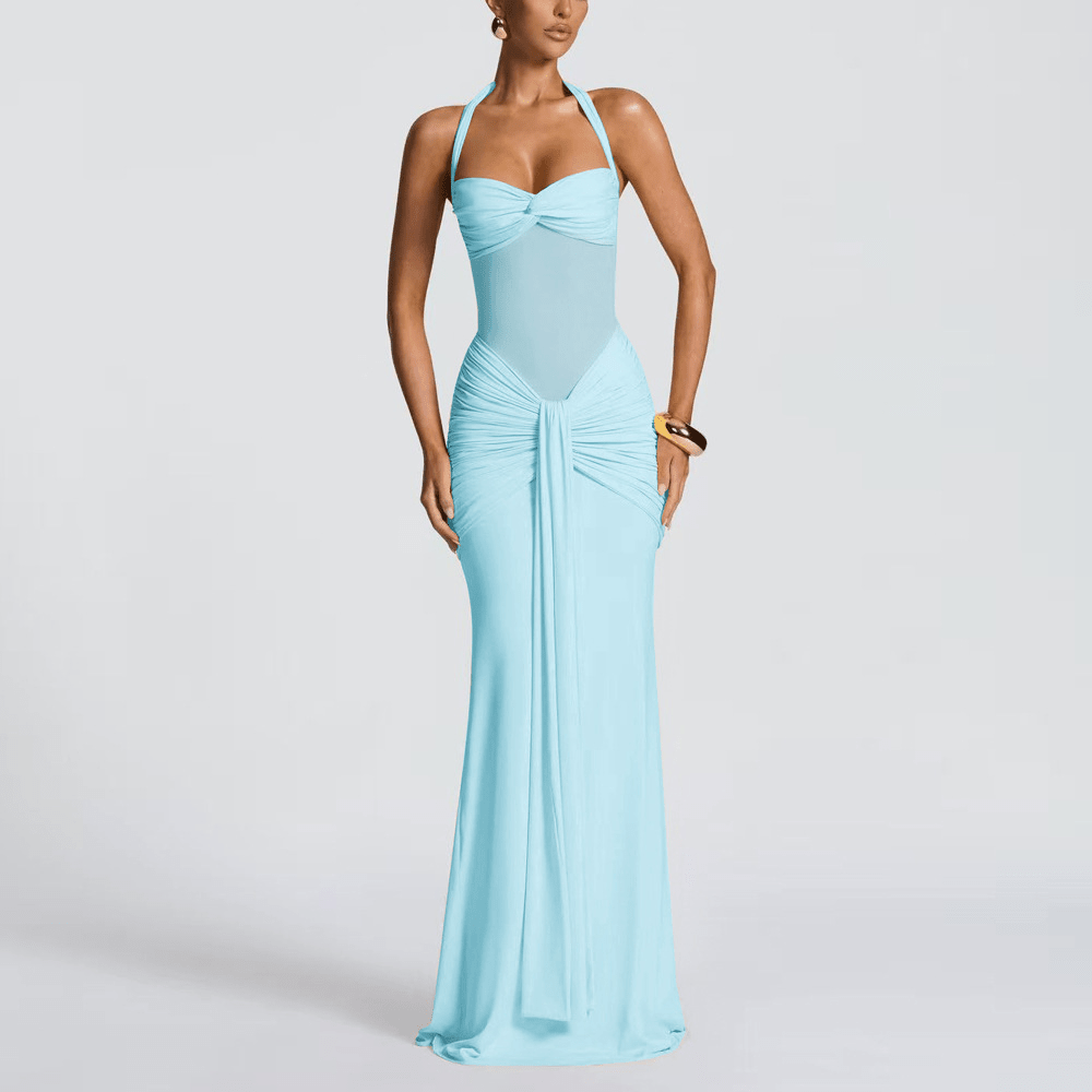 Sexy Spaghetti Strap Backless Waist Cinched High Slit Dress, Mesh Patchwork Vacation Party Dress Women's Fishtail Slim Fit Slip Dress Elegant Long Pr