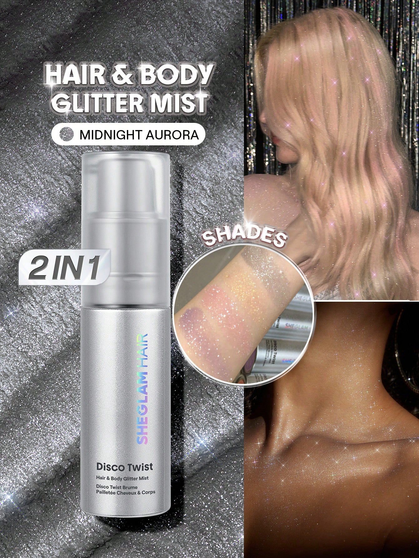 SHEGLAM HAIR Disco Twist Hair & Body Glitter Mist-Midnight Aurora, Shimmering Hair Spray, Delicate And Shiny, Soft And Smooth Hair Care, Smooth And Non-Clogging, Body Glitter Spray For Hair Body Face