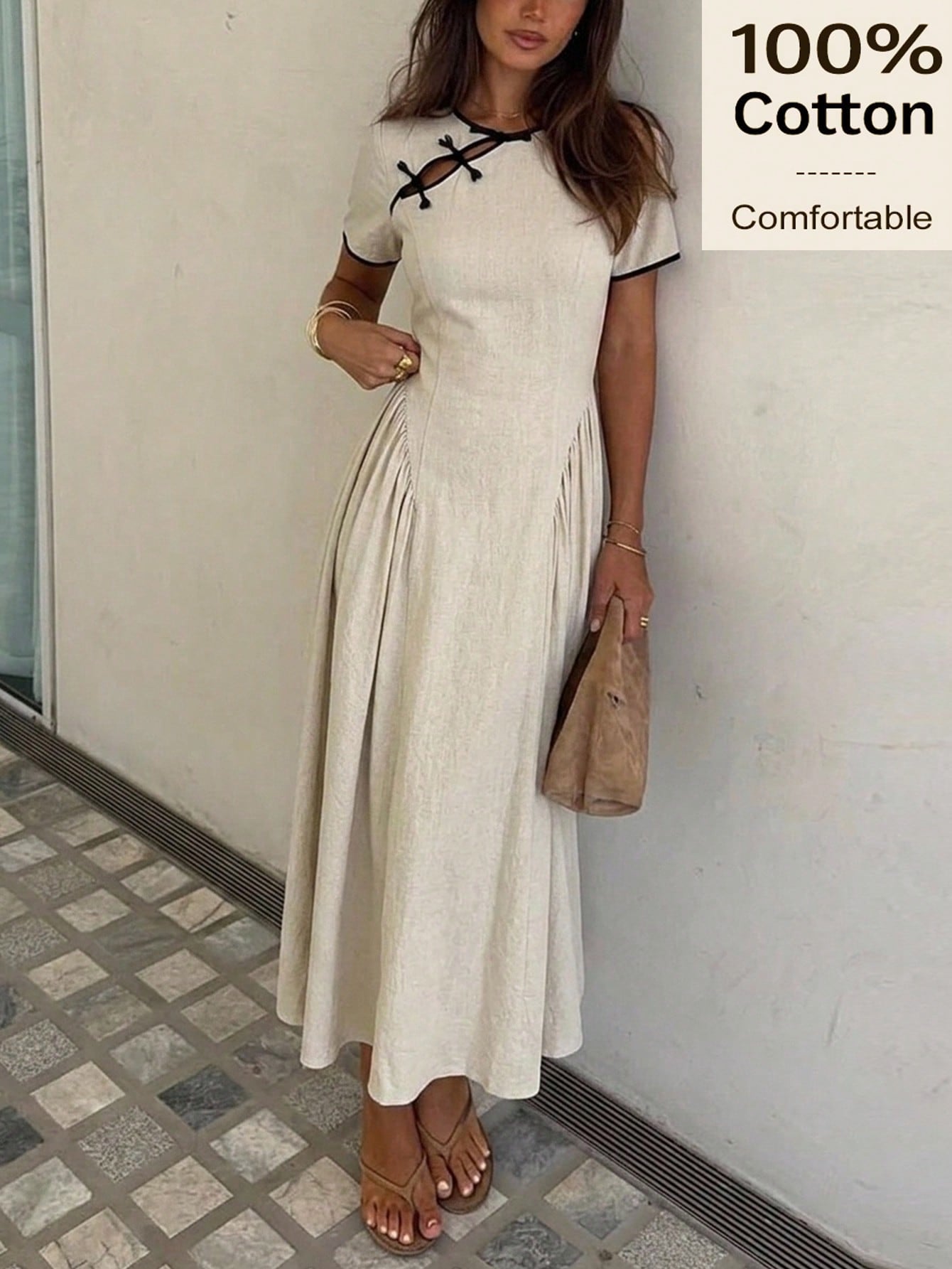 Siren Gaze Summer 100 Cotton Women Contrast Trim Pleated Casual French Vacation Holiday Y2k Linen-Like Elegant A-Line Dress Chinese Button Cheongsam