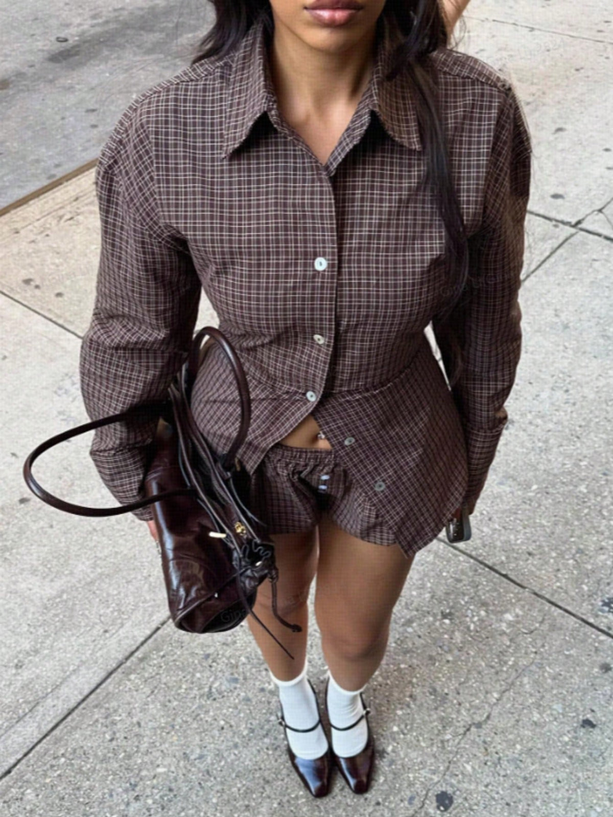 Siren Gaze Women's Brown Plaid Fitted Waist Long-Sleeved Shirt,Fashionable Retro Autumn 2000s School Back-To-School Clothing,Casual Commuting Spring Plaid Top