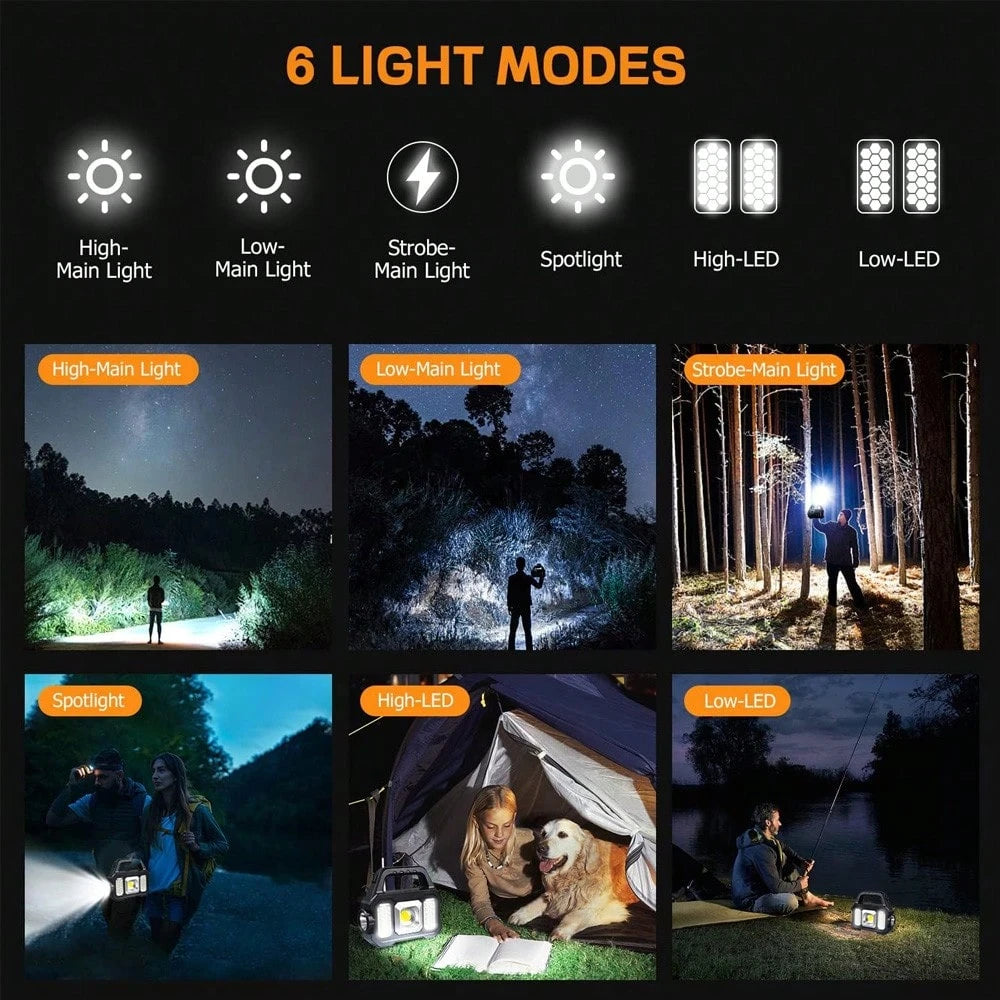 Solar Handheld Flashlight With USB Cable, 6 Modes Rechargeable Multifunction Lights Super Bright LED Searchlight, Lightweight Waterproof Portable Spotlight For Fishing Outdoor Camping Emergencies