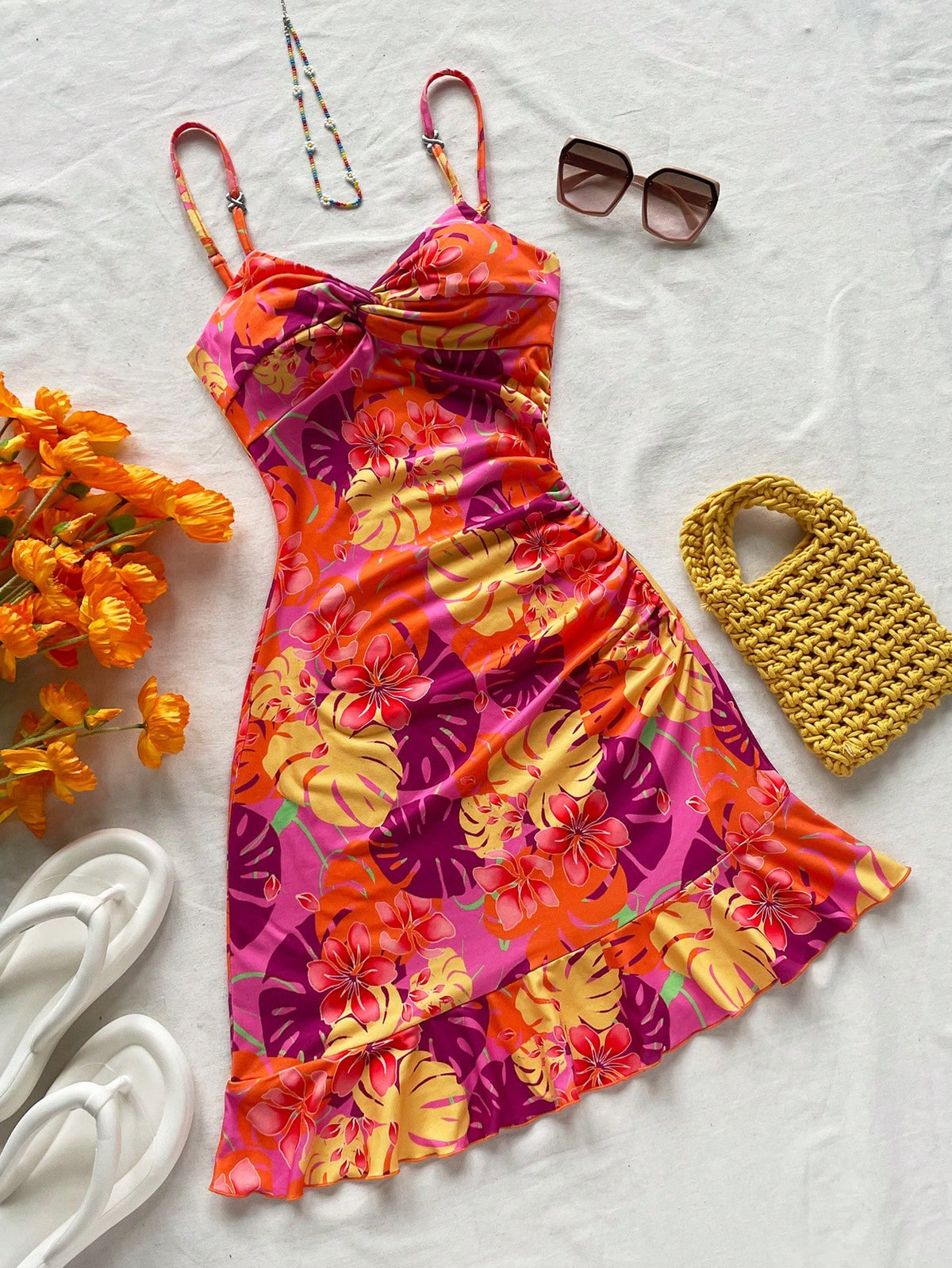 Soleia Women's Asymmetrical Ruffle Hem Tropical Floral Print Bodycon Mini Dress, Suitable For Beach, Music Festival, Summer Boho Sun Dress No Chest Padding
