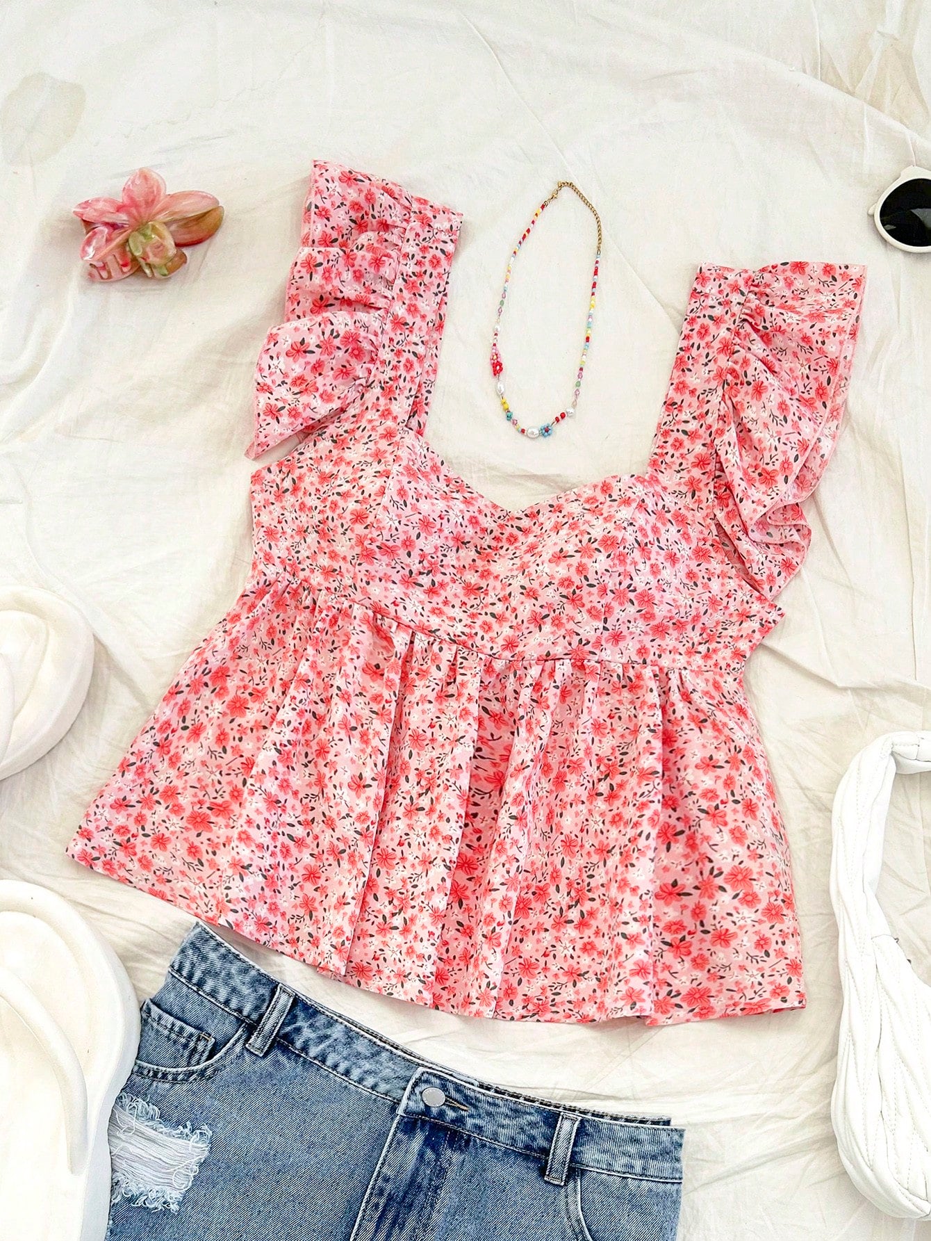 Soleia Women Vacation Smock Collar Cap Sleeve Loose Blouse, Pink Ditsy Floral Smock Collar Cap Sleeve Top No Chest Padding No Chest Padding