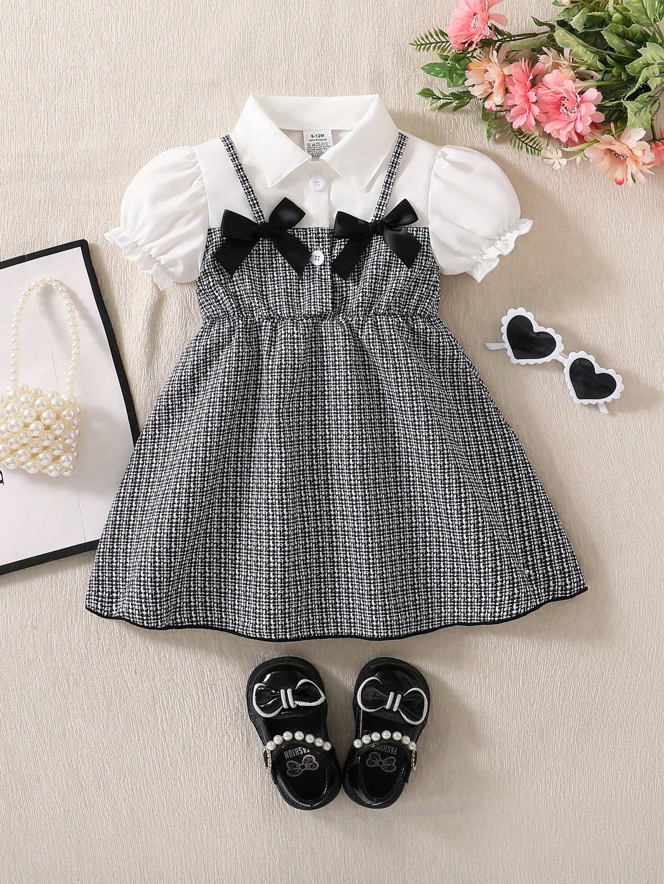 Summer Baby Girl Elegant Dress, White Shirt Collar Puff Sleeve, Black & White Plaid Main Color, Black Bow Decor, Fashionable & Chic Outfit For Baby Girl Party & Outing