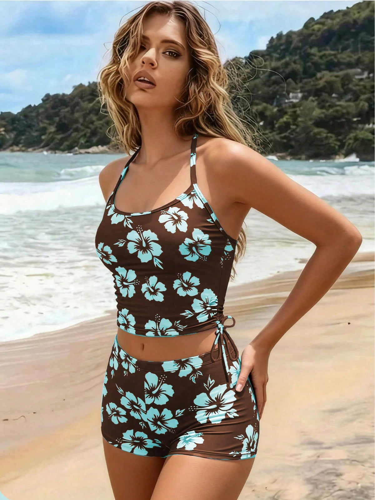 Summer Beach New 2-Piece Fashion Tankini Swimsuit Set, Full Coverage Tank Top With Spaghetti Straps, Floral Print, Conservative Bikini Shorts, Elegant Beach Vacation Style
