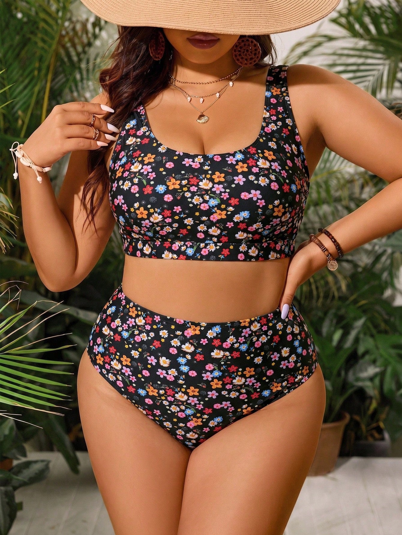 Swim Vcay Plus Size Women 2pcs Random Print Separated Fashion Casual Vacation Swimsuit Set Vacation White Summer