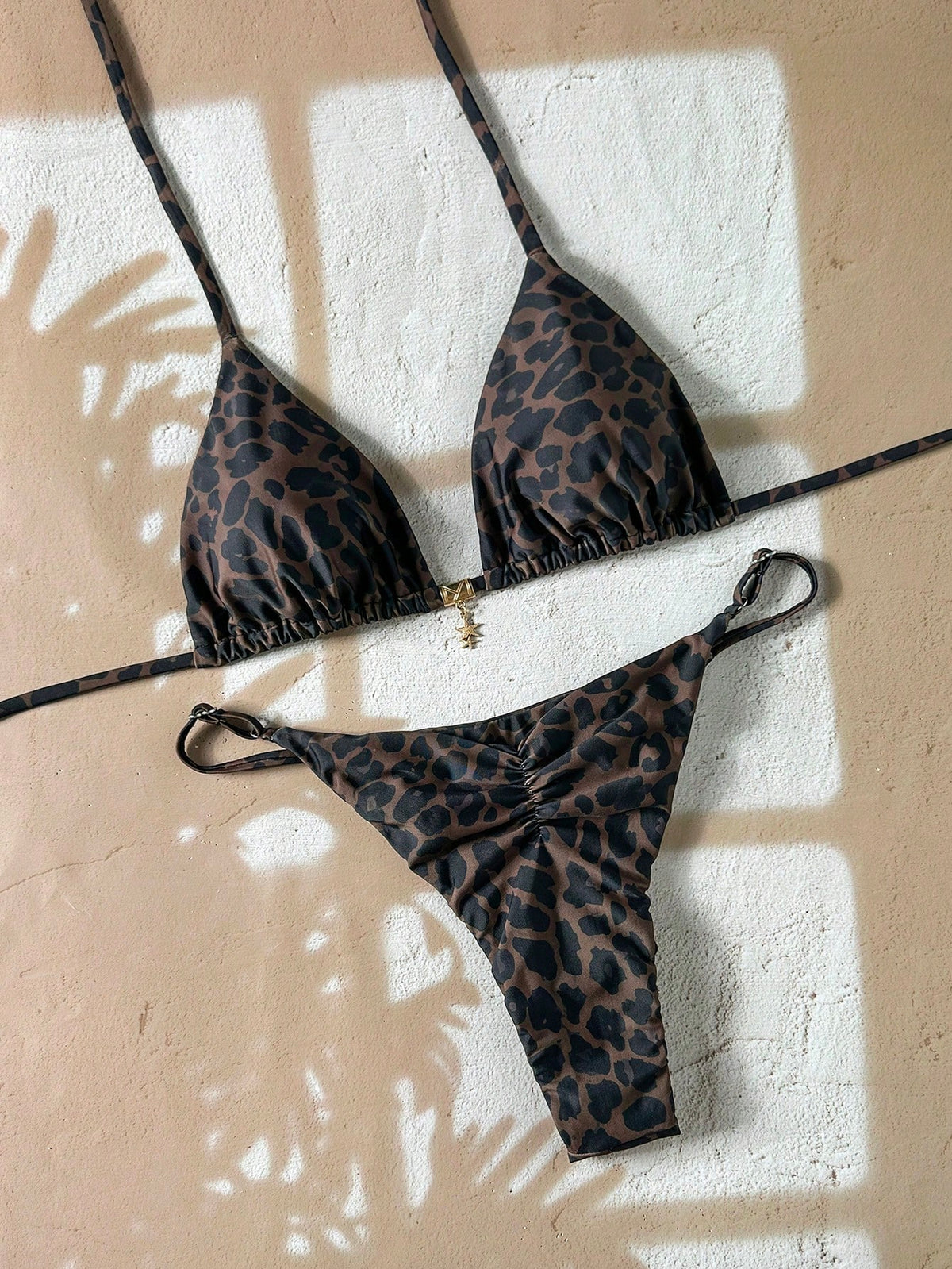 Swim Vcay Women's Leopard Print Halter Neck Bikini Set,Includes Triangle Top And Adjustable Bottom,Chocolate Brown Summer Casual Beach Holiday Vacation
