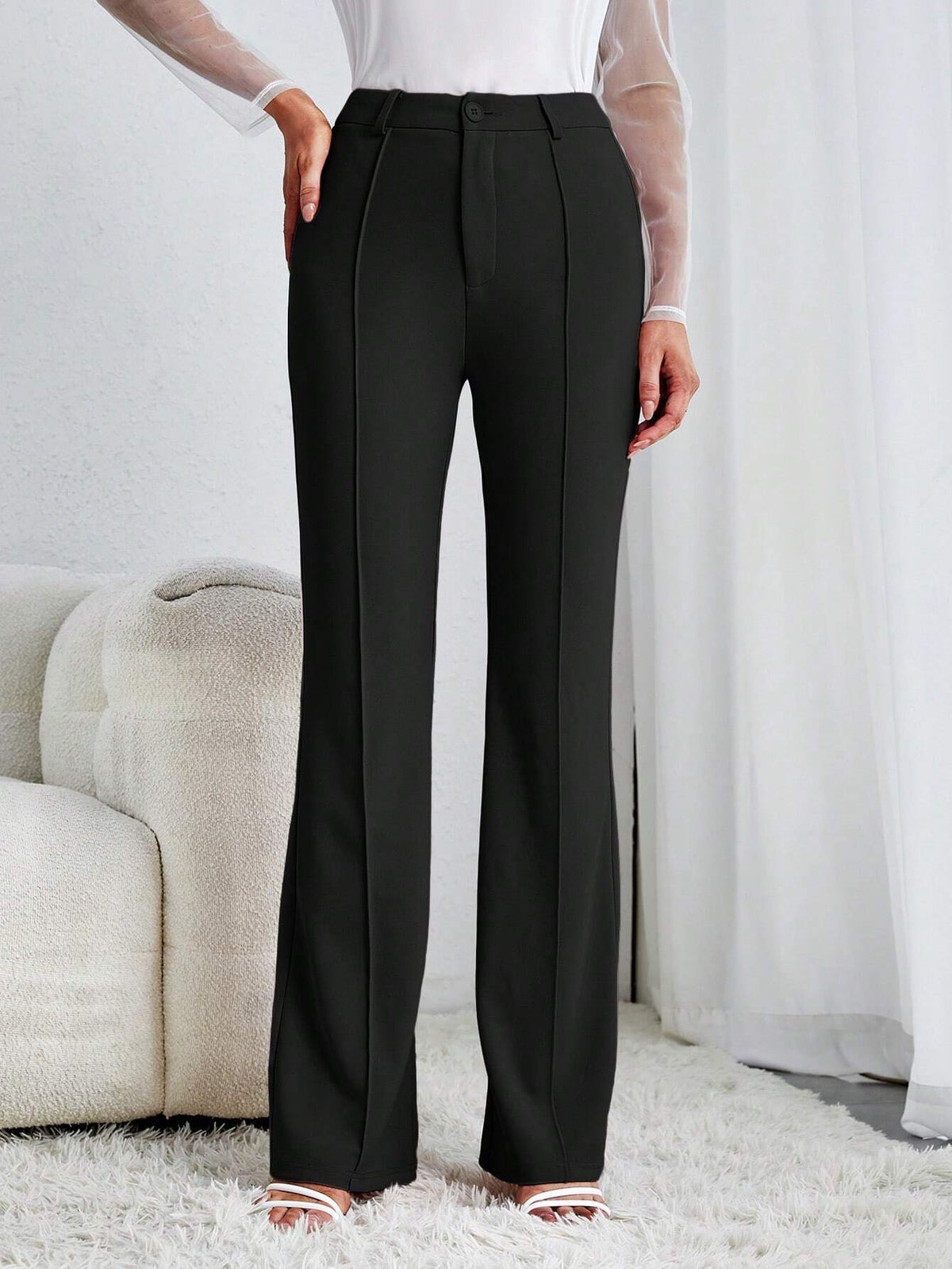 Tall Solid Flare Leg Pants,Ladies Spring/Fall Elegant Button High Waist Flare Leg Extra Long Black Skinny Women Pants,Professional/Business Attire/Workwear, Tall Women