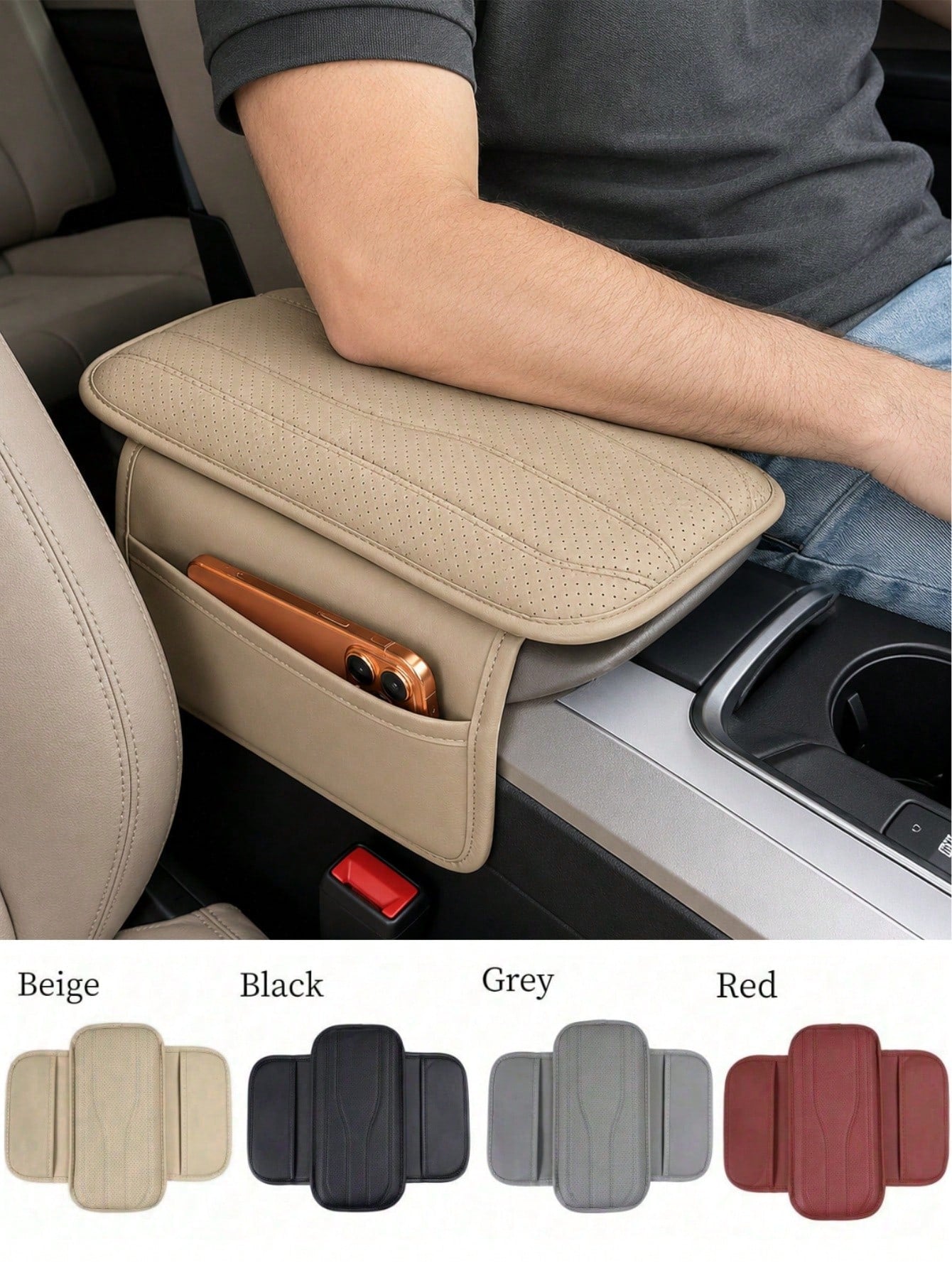 Universal Car Center Console Cover With 2 Storage Pockets- PU Leather Armrest Pad, Waterproof Protective Mat, Scratch-Resistant & Wear-Resistant Interior Accessory, Suitable For SUV, Truck, Vehicle