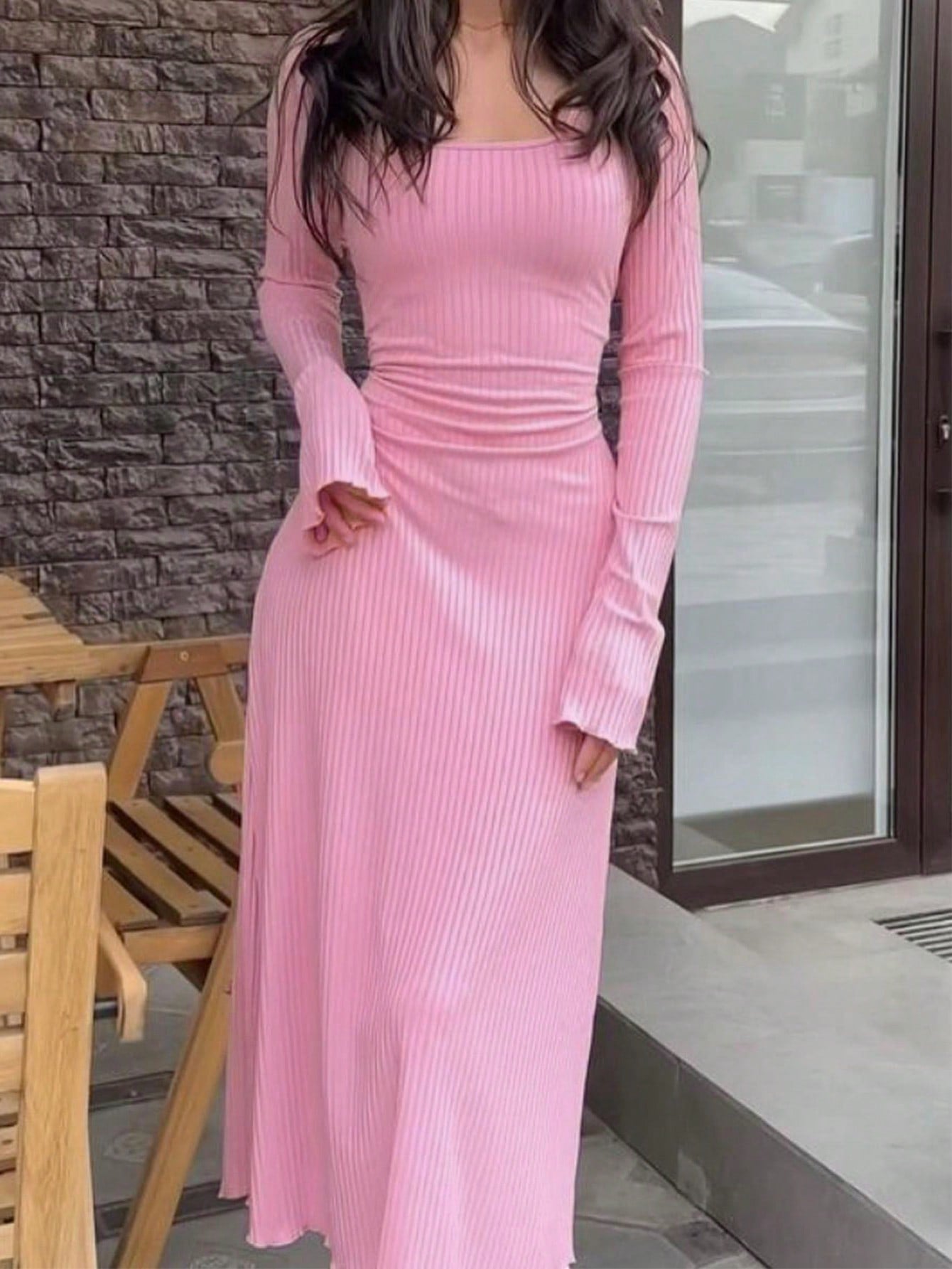 UREREM 210g Soft Solid Color Square Neck Ribbed Knit Side Drawstring Bodycon Long Sleeve Dress Pink Spring Elegant