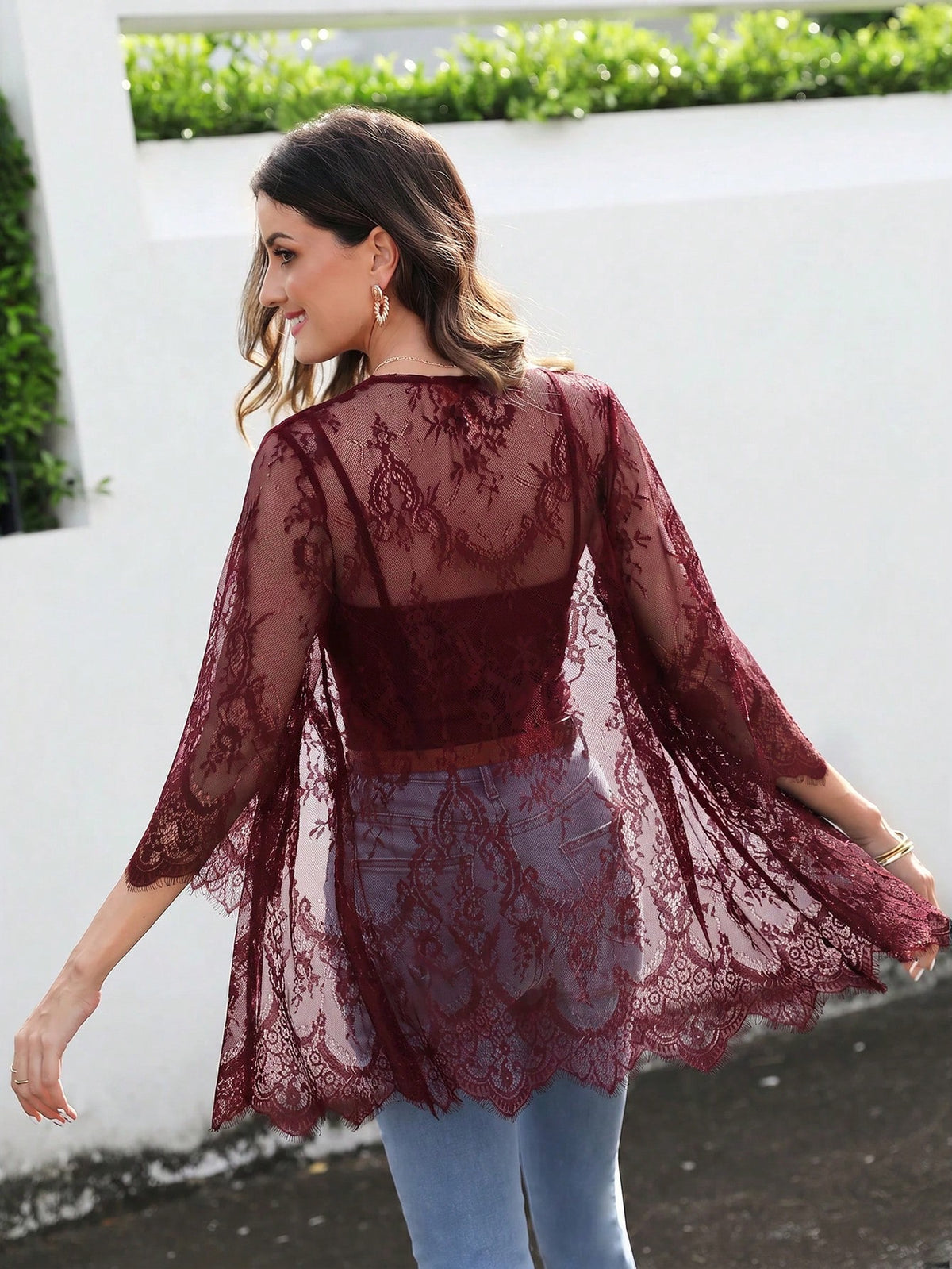 VCAY Al Lace Open Front Kimono Without Cami Top Summer,Burgundy Kimono Bathing Suits For Women Vacation Boho
