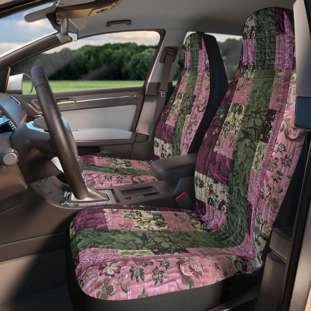 Vintage Floral Faux Quilt Boho Patchwork Car Seat Covers 1PC/2PCs Double Sided Milk Fleece Universal Fit Cottagecore Breathable Washable Vehicle Seat Cover