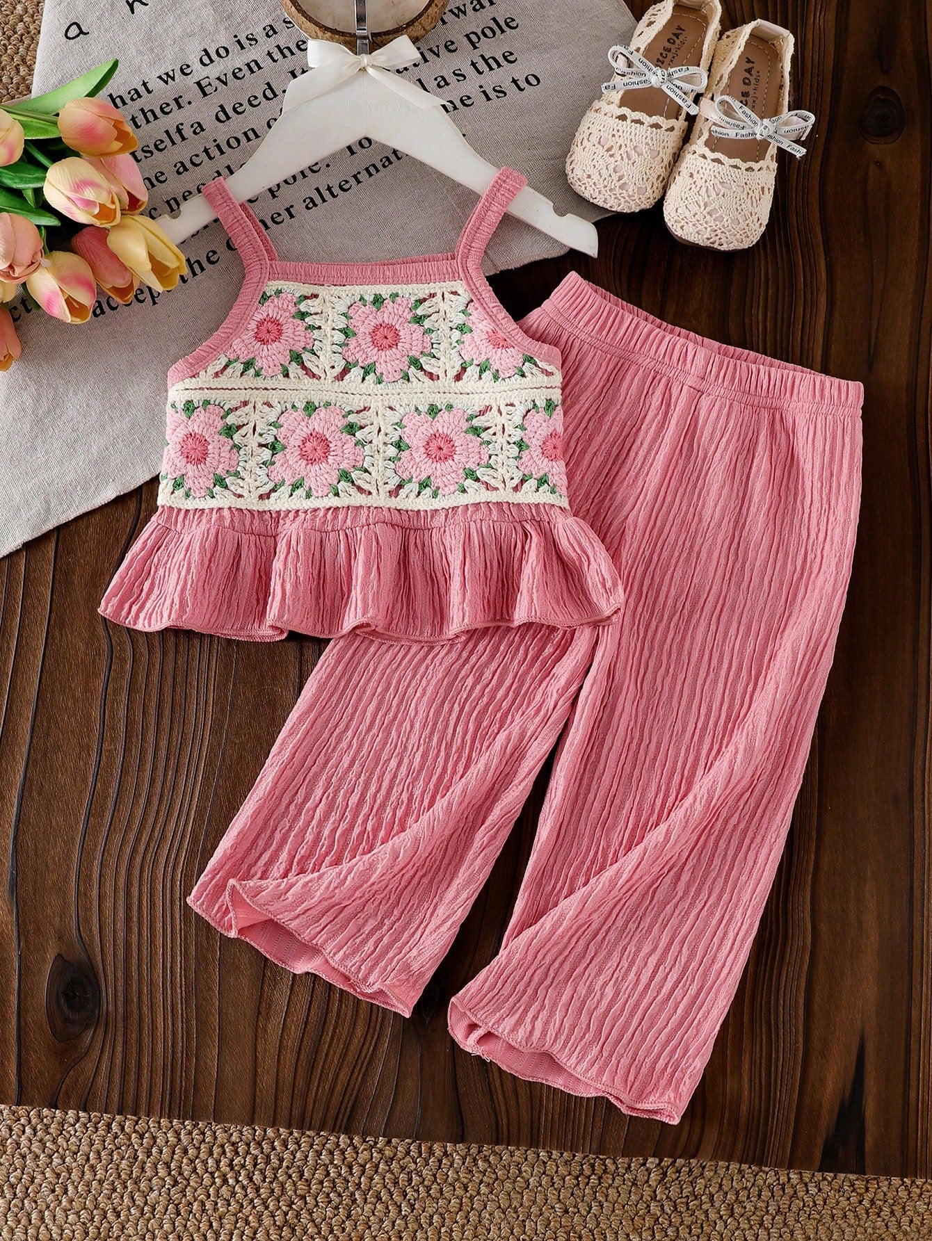 Vintaside Kids Baby Girl Pink Floral Embroidery Delicate Strap Top & Solid Color Pants 2 Pieces Set Cute Summer Casual Fashion Sunshine Outfit For Vacation Outdoor