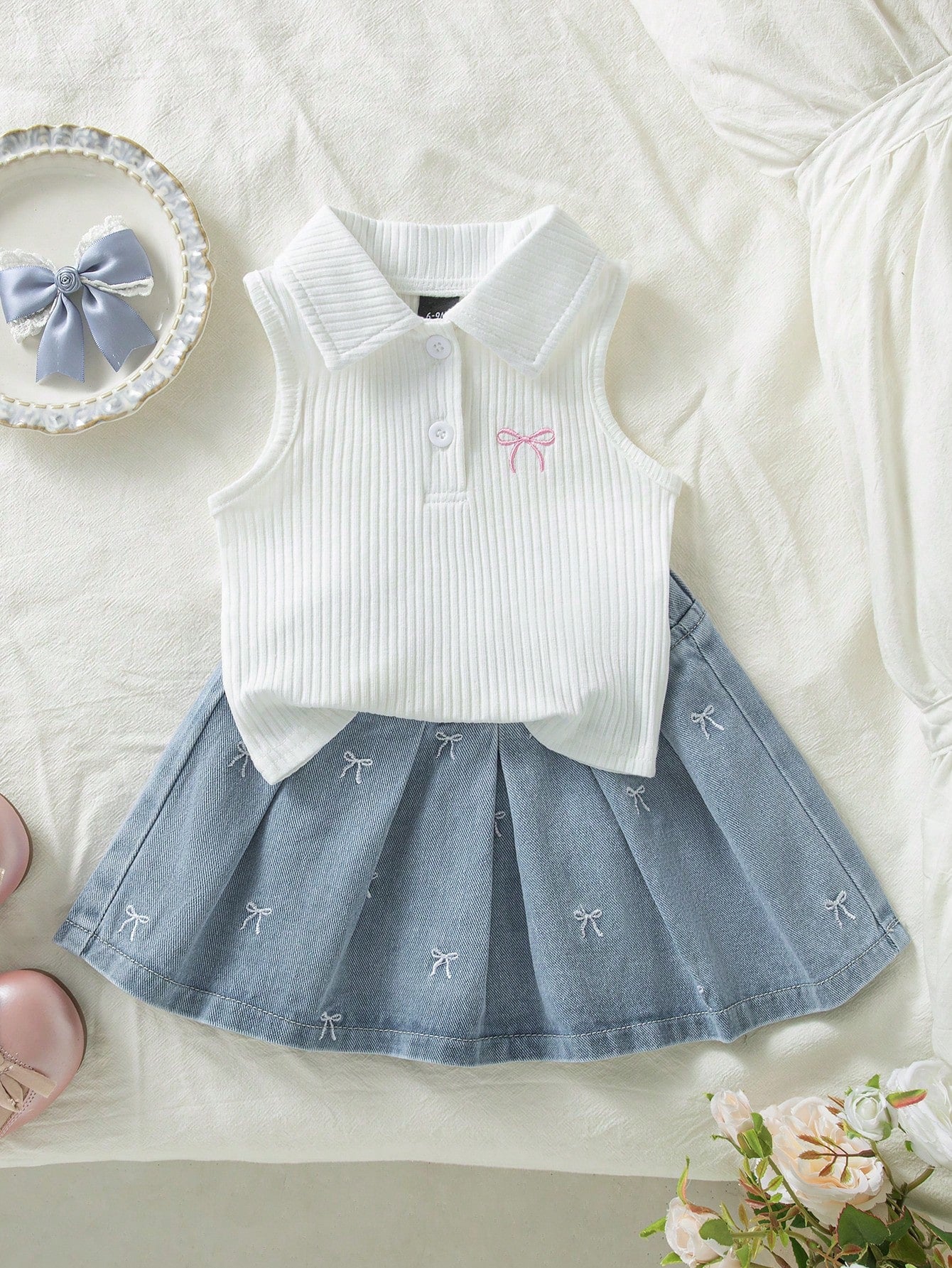 Vintaside Kids Infant Girl Short Sleeve Sleeveless Outfit Set, Top + Skirt, Top In Cream White/Skirt In Light Blue Denim, Top Features Sleeveless Medium Stretch Polo Collar Ribbed Knit Design With Pin