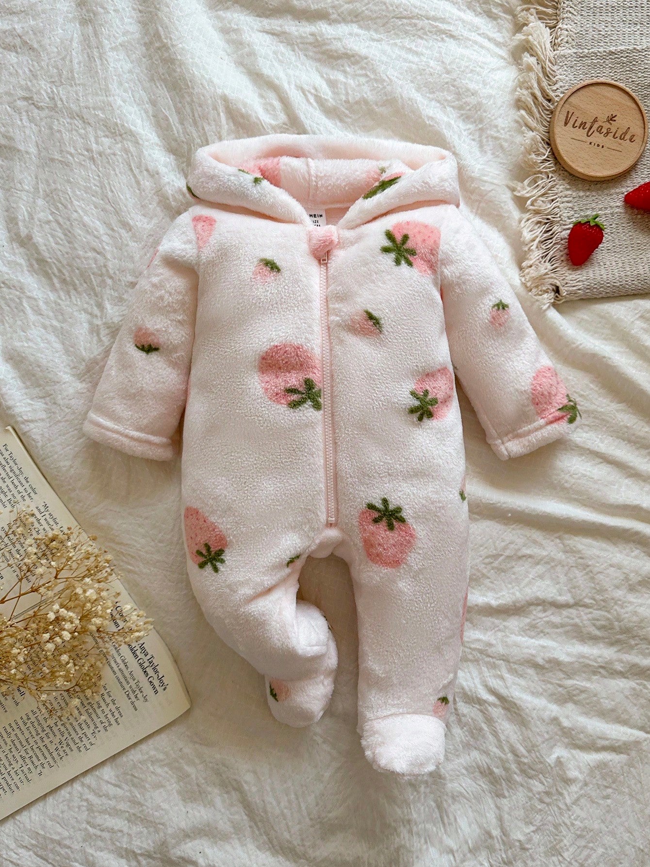 Vintaside Kids Newborn Simple Stylish Cute Pink Long Sleeve Hooded Fleece Jumpsuit Loungewear Autumn Cute Kawaii