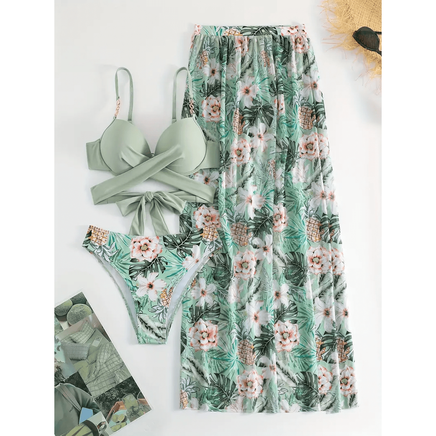 Women's 3 Piece Swimsuit Push Up Bikini Set High Waist Bathing Suit With Cover Up, Floral Print Beach Swimwear For Women, Adjustable Straps, Quick Dry