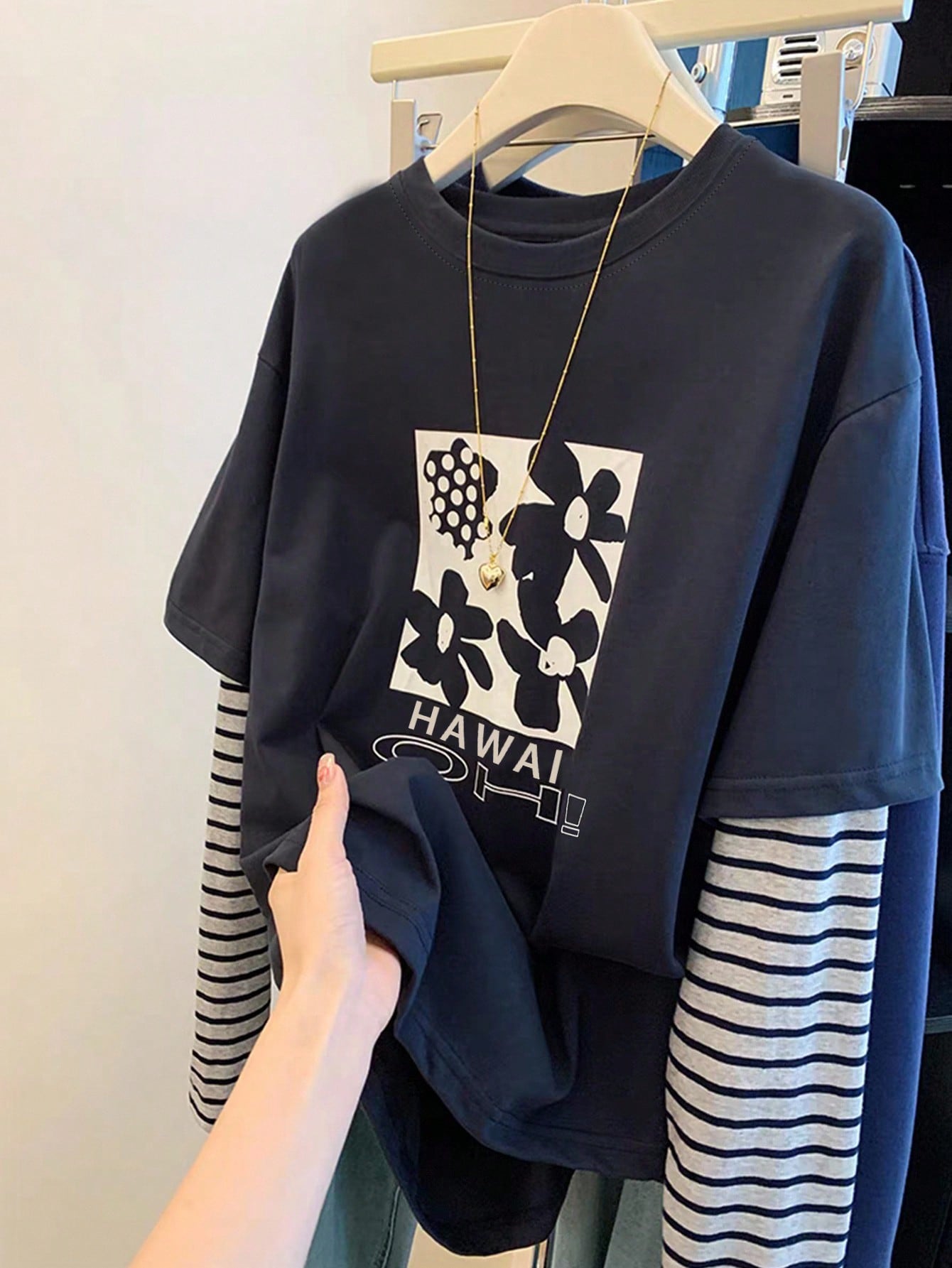 Women's Casual Floral Print & Striped Patchwork T-Shirt Fall Cloth For Women