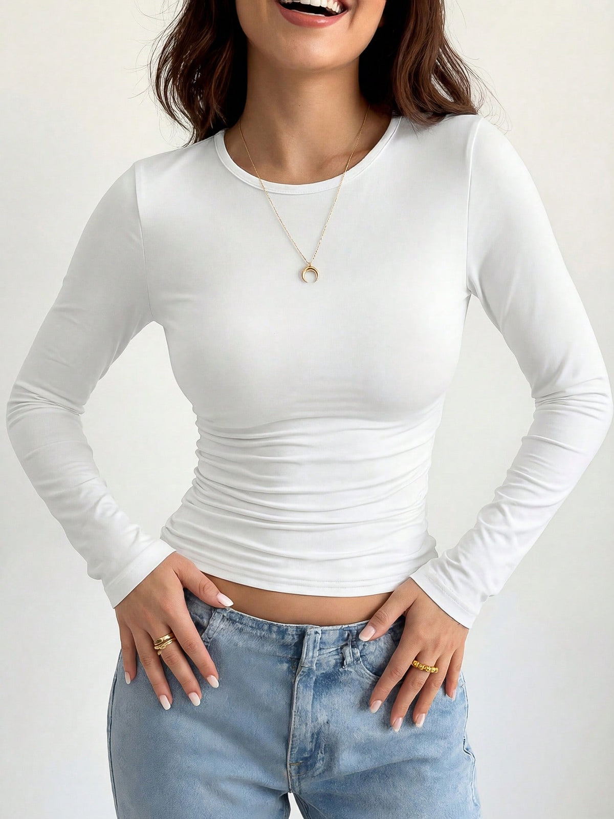 Women's Casual Slim Fit Round Neck Long Sleeve T-Shirt White Spring