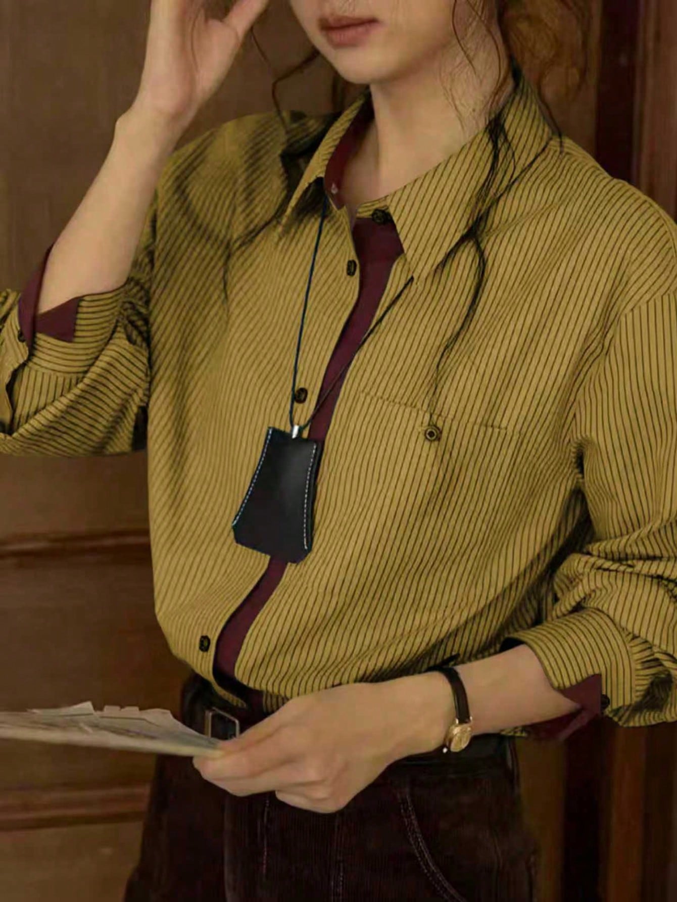 Women's Casual Striped Print Patchwork Pocket Long Sleeve Shirt, Suitable For Spring/Autumn, Work And Daily Wear Yellow