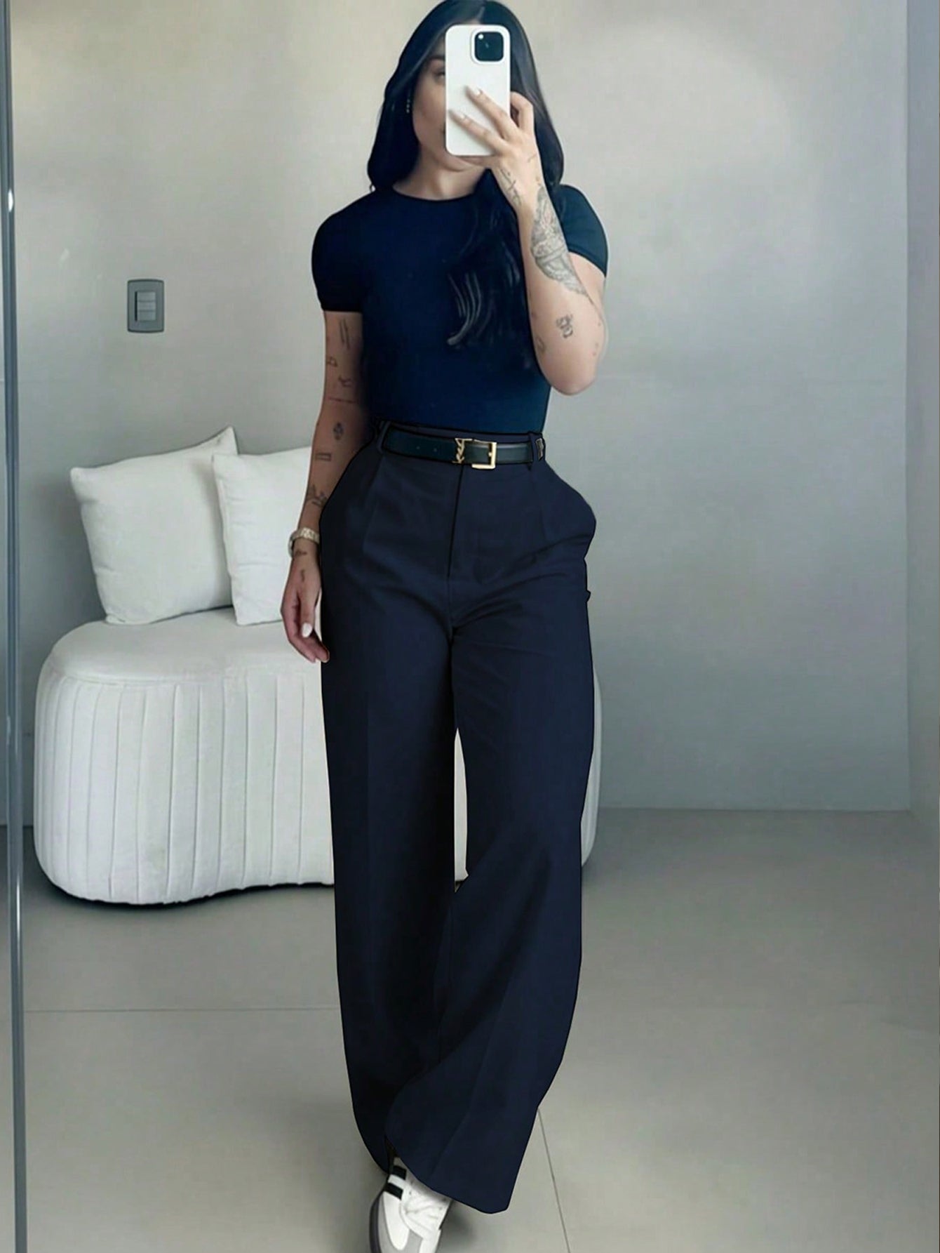 Women's High-Waisted Slim Fit Wide Leg Pants In Navy Blue| Bohemian Street Style| Suitable For Spring/Summer Casual, Work Commute And Vacation (Belt Not Included)