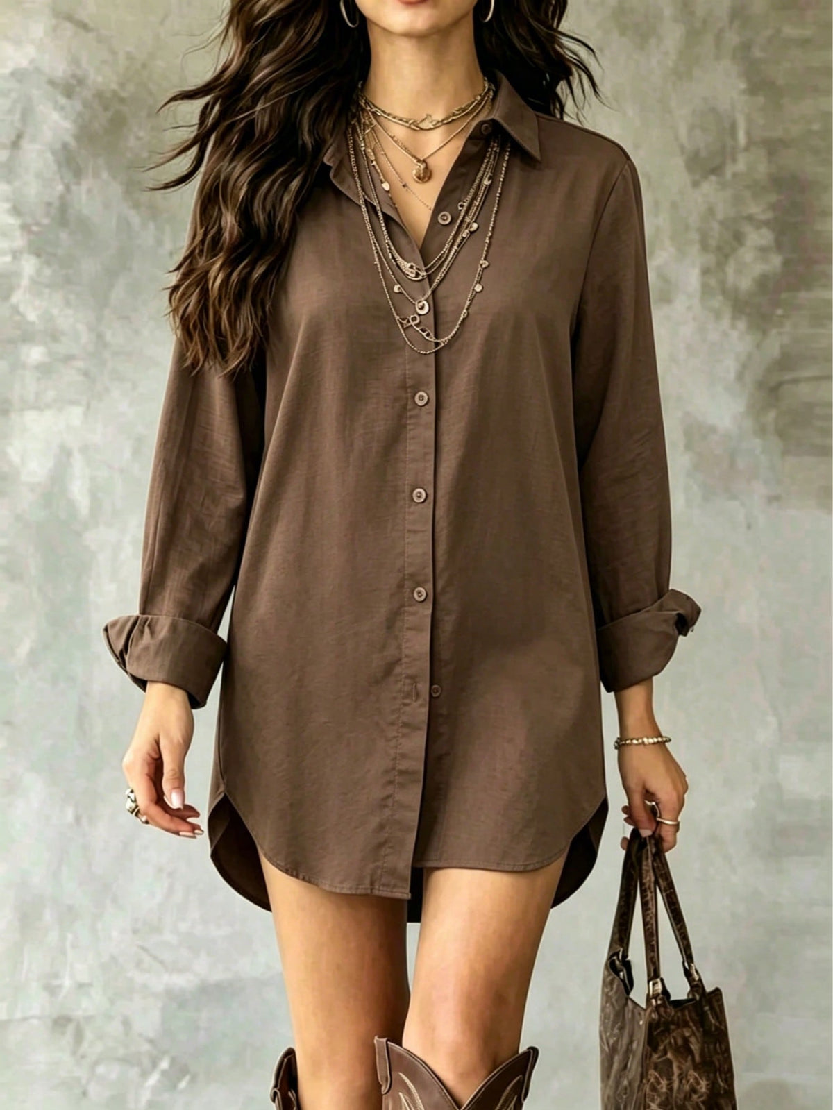 Women's Khaki Long Sleeve Polyester Button-Down Shirt Dress, With Collar, Button Front, Roll-Up Sleeves And High-Low Curved Hem, Loose Casual Top, Front Short Back Long Design, Suitable For Spring & A