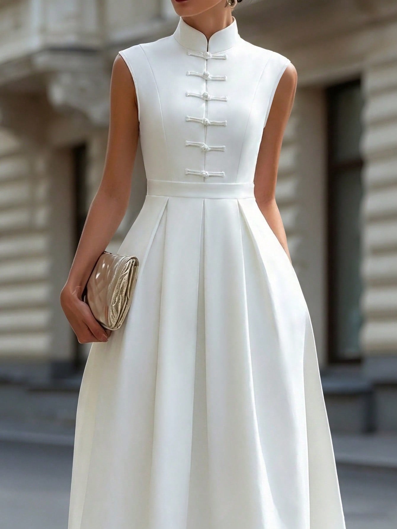 Women's New Chinese Style Cheongsam Dress, Apricot Satin Stand Collar Frog Button Sleeveless Waist-Cinching Slimming Flared Long Evening Gown
