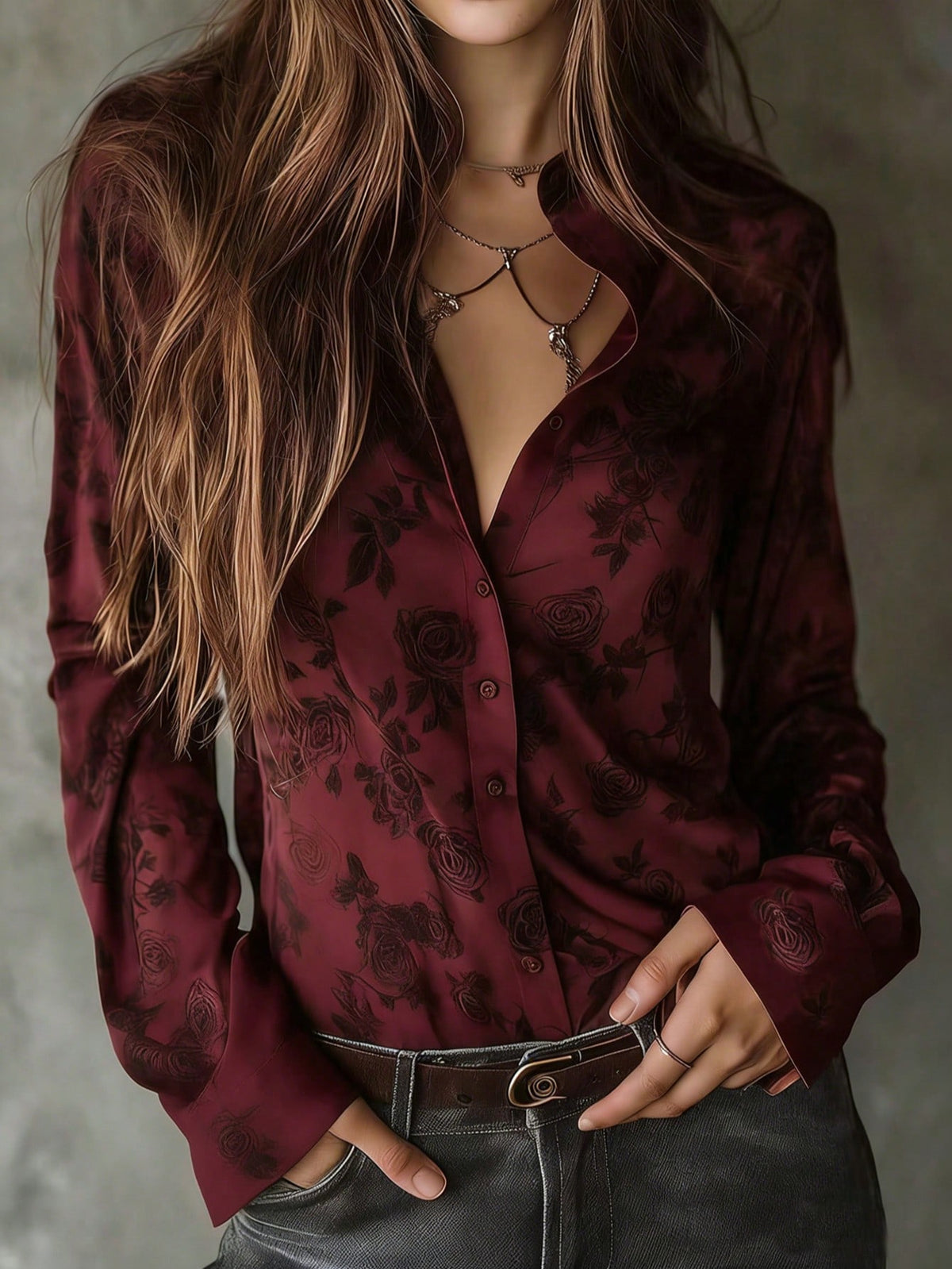 Women's Regular Length Red Rose Floral Print Button Front Shirt, Long Sleeve Classic Collar All-Over Print Vacation Blouse