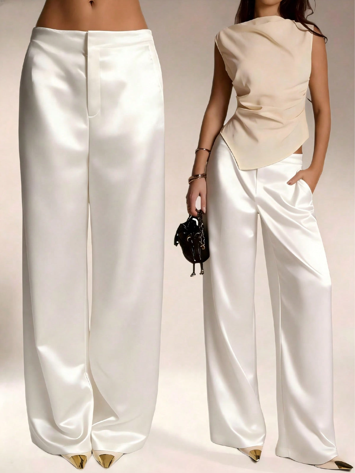 Women's Satin Silk Long Pants Solid Color Sateen Pocket Zipper Trousers Vacation Office Brunch Airport Outfit All Seasons (White Slightly Sheer)