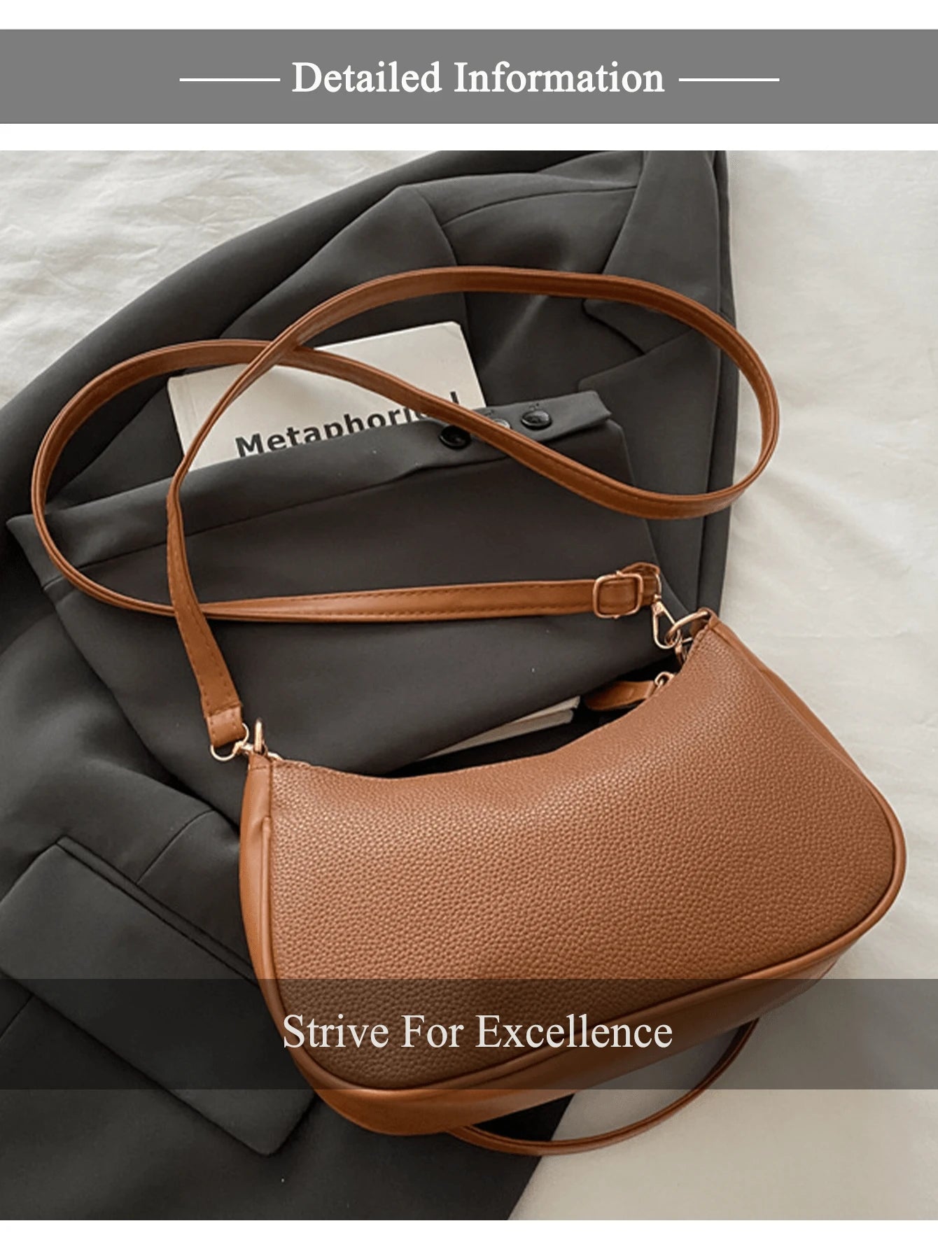 Women Stylish Brown Pebbled Chain Crescent Underarm Shoulder Crossbody Bag, Mini Zipper Closure, Purse Shape Retention, Work Commuter Everyday Use.