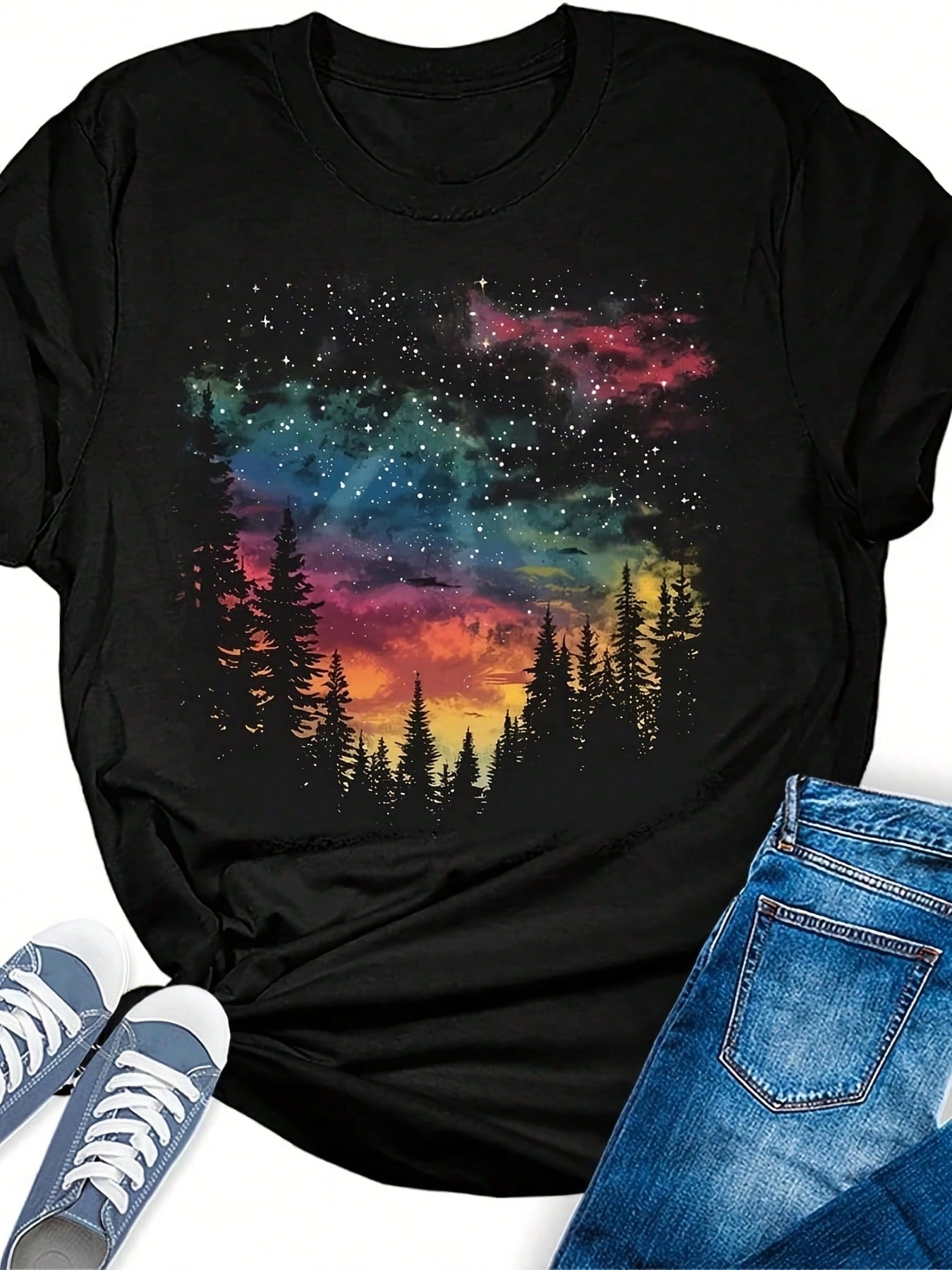 Womens Hiking Mountain Shirt Camping Nature Sunrise Pine Tree Tops Short Sleeve Re