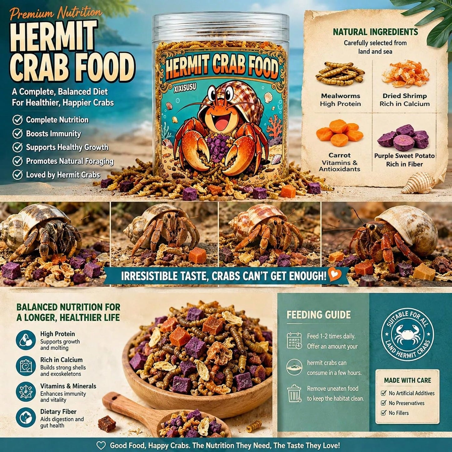 Xixisusu Freeze-Dried Hermit Crab Food Blend- Complete Diet With Real Fruits, Veggies, Shrimp &Amp; Mealworms, High-Protein Formula, 6 Ounce Jar