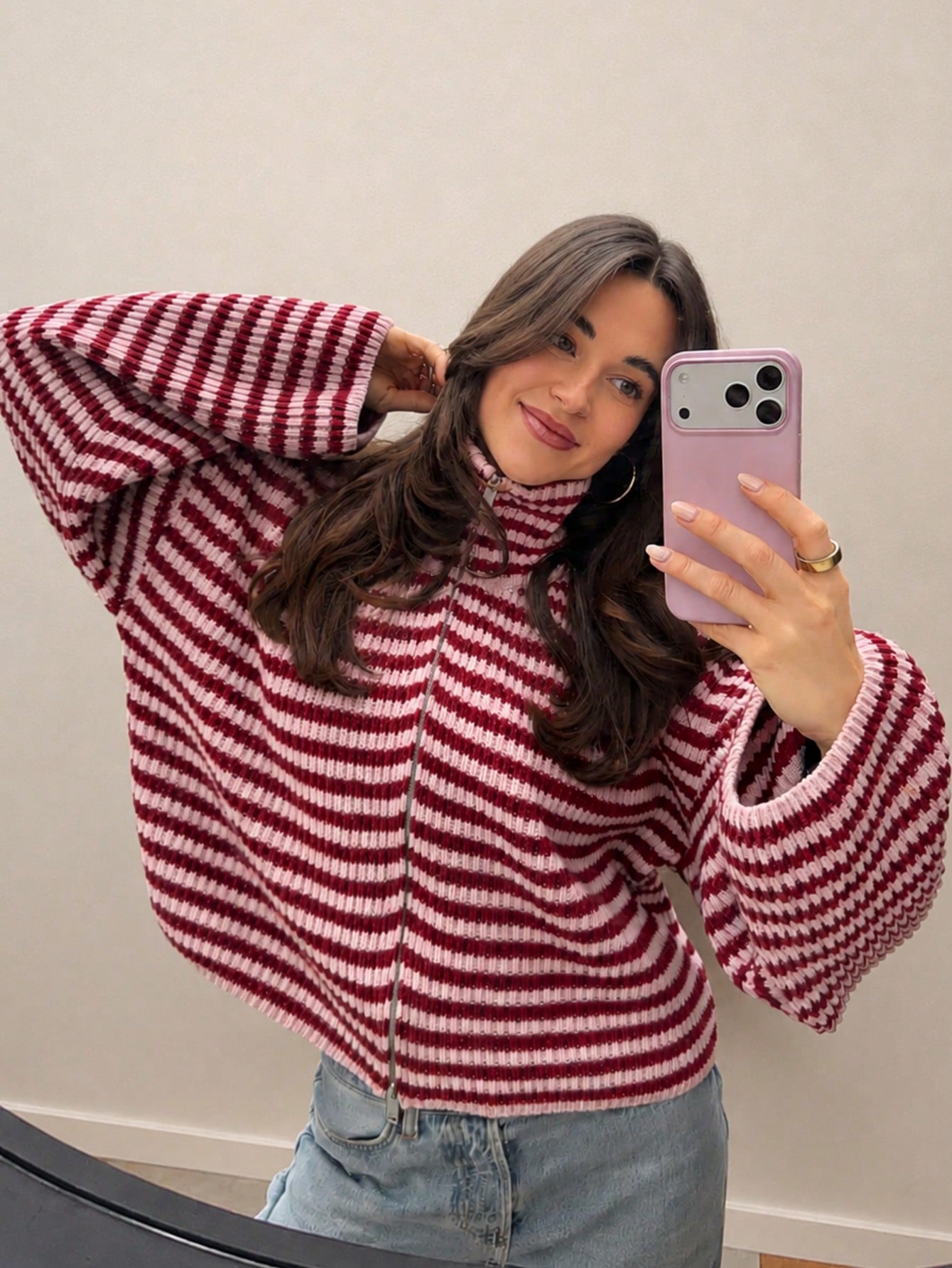 Xiyuan College Style Colorblock Striped Zip-Up Cardigan For Women, Autumn/Winter High Neck Drop Shoulder Knit Sweater, Vintage Long Sleeve Casual Everyday Versatile Pullover