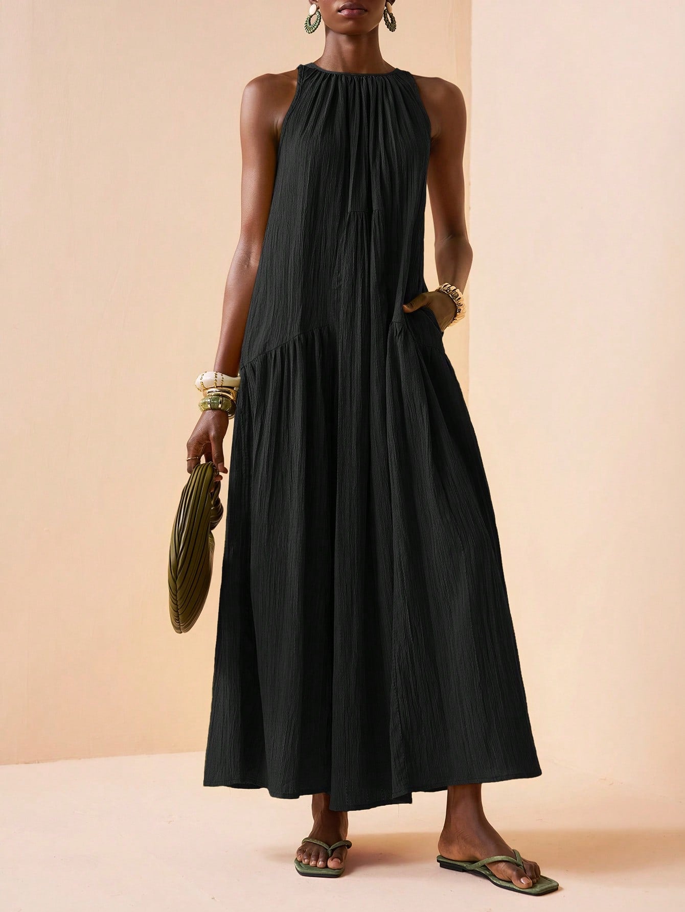 Zivah 2026 Spring New Mediterranean Vacation Style Music Festival Easter Solid Color Round Neck Slant Pocket Casual Sleeveless Dress
