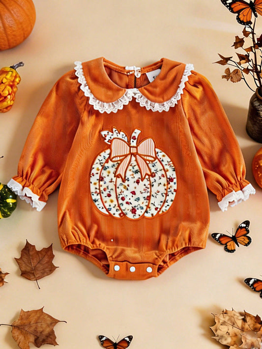 0-18M Newborn Baby Infant Baby Girls Fall Long Sleeve Peter Pan Eyelet Lace Collar Corduroy Bodysuit Floral Pumpkin Bow Patch