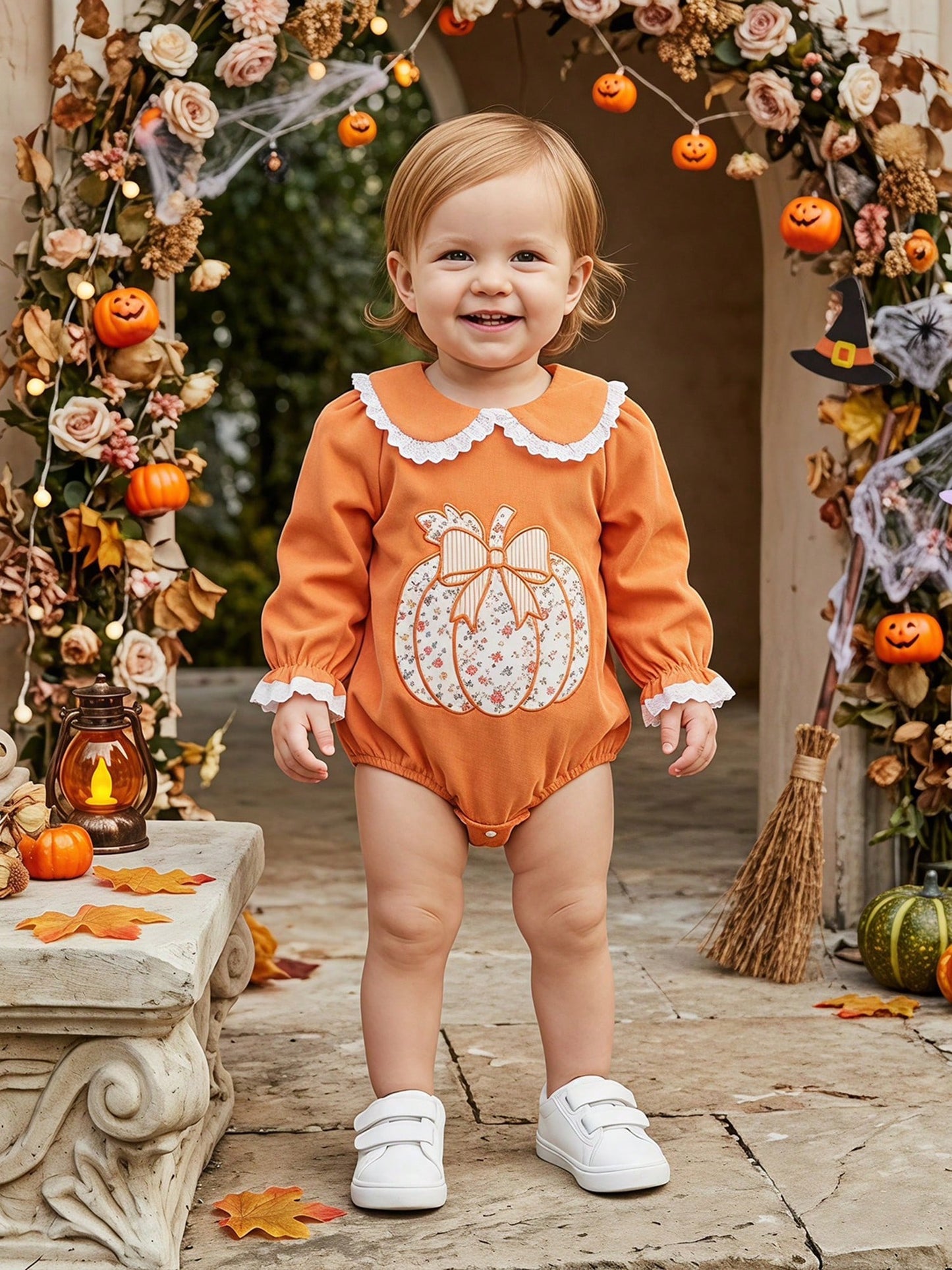 0-18M Newborn Baby Infant Baby Girls Fall Long Sleeve Peter Pan Eyelet Lace Collar Corduroy Bodysuit Floral Pumpkin Bow Patch