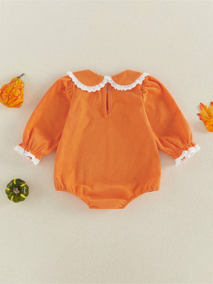 0-18M Newborn Baby Infant Baby Girls Fall Long Sleeve Peter Pan Eyelet Lace Collar Corduroy Bodysuit Floral Pumpkin Bow Patch