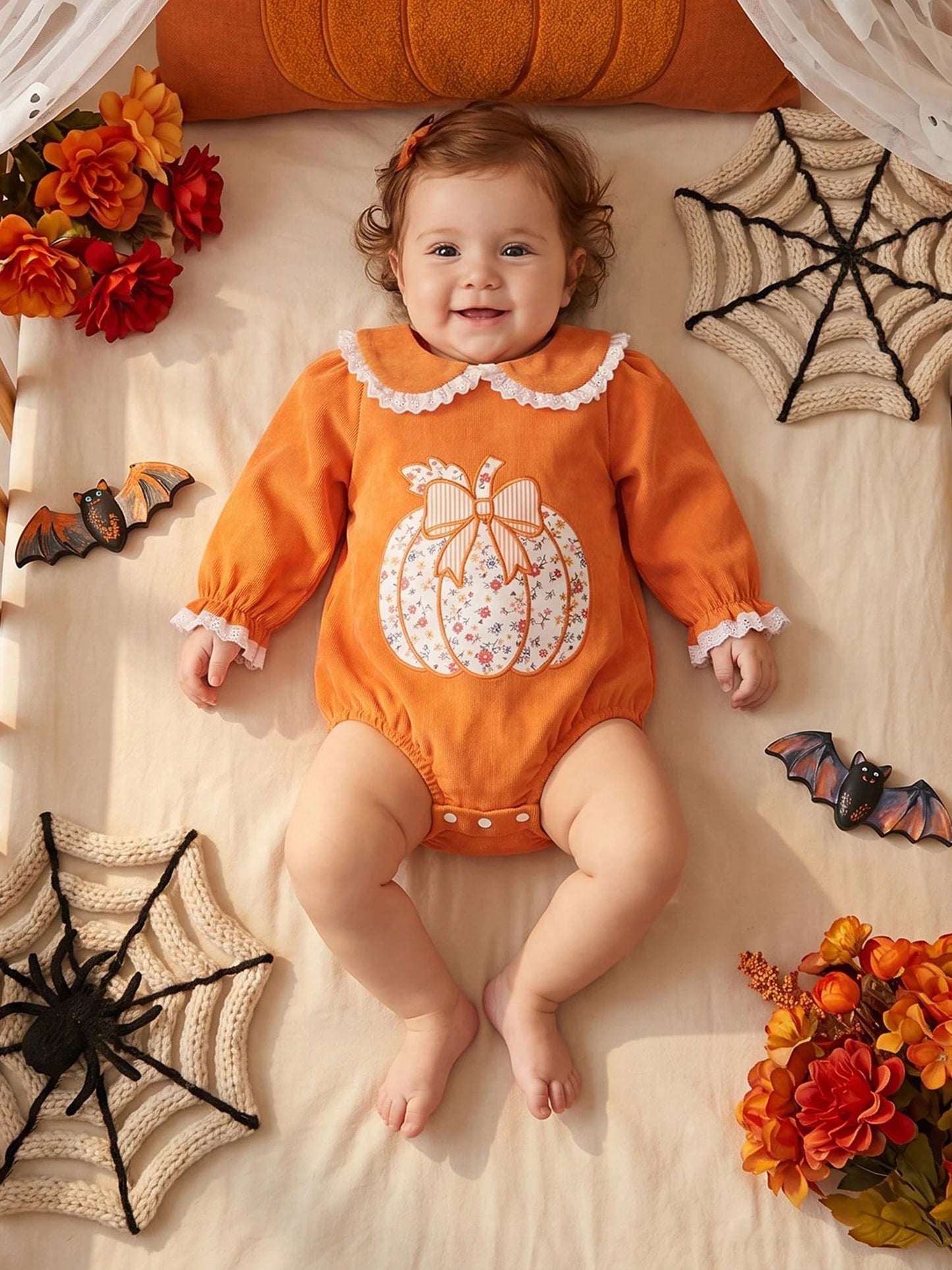 0-18M Newborn Baby Infant Baby Girls Fall Long Sleeve Peter Pan Eyelet Lace Collar Corduroy Bodysuit Floral Pumpkin Bow Patch