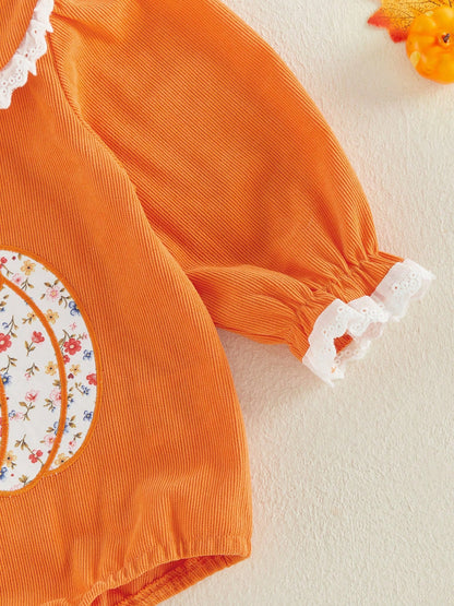 0-18M Newborn Baby Infant Baby Girls Fall Long Sleeve Peter Pan Eyelet Lace Collar Corduroy Bodysuit Floral Pumpkin Bow Patch