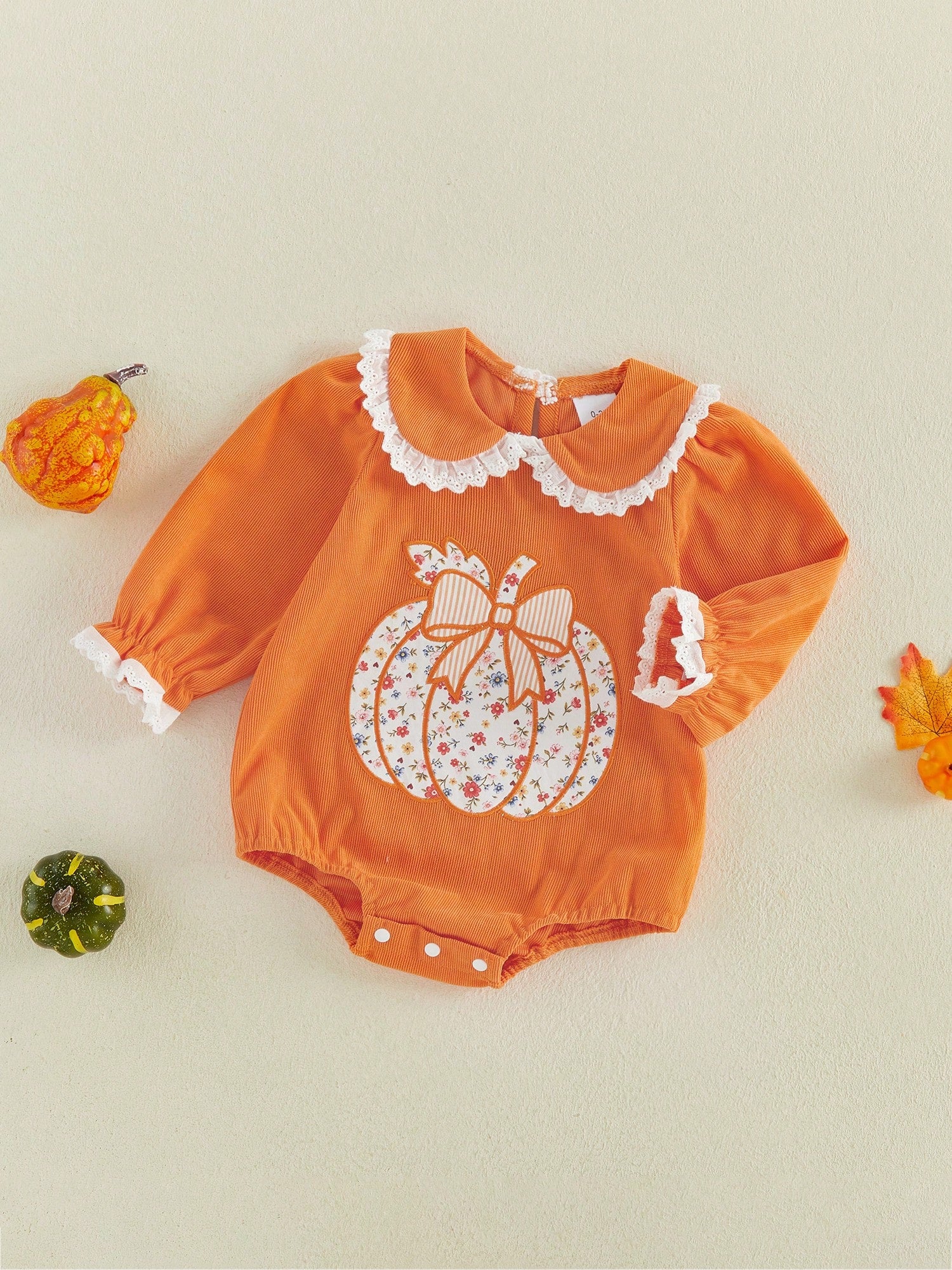 0-18M Newborn Baby Infant Baby Girls Fall Long Sleeve Peter Pan Eyelet Lace Collar Corduroy Bodysuit Floral Pumpkin Bow Patch