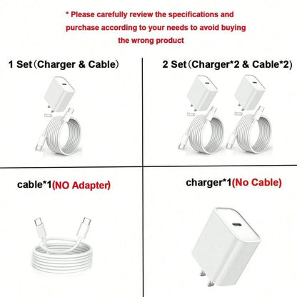 1-2 Set 30W Fast Charger Kit Compatible With IPhone 17 Pro Max/17 Pro/17/Air/16, 1 USB-C Wall Charger + 6.6Ft/200cm Type C To Type C Data Cable Compatible With IPhone 17 Series/// Etc.