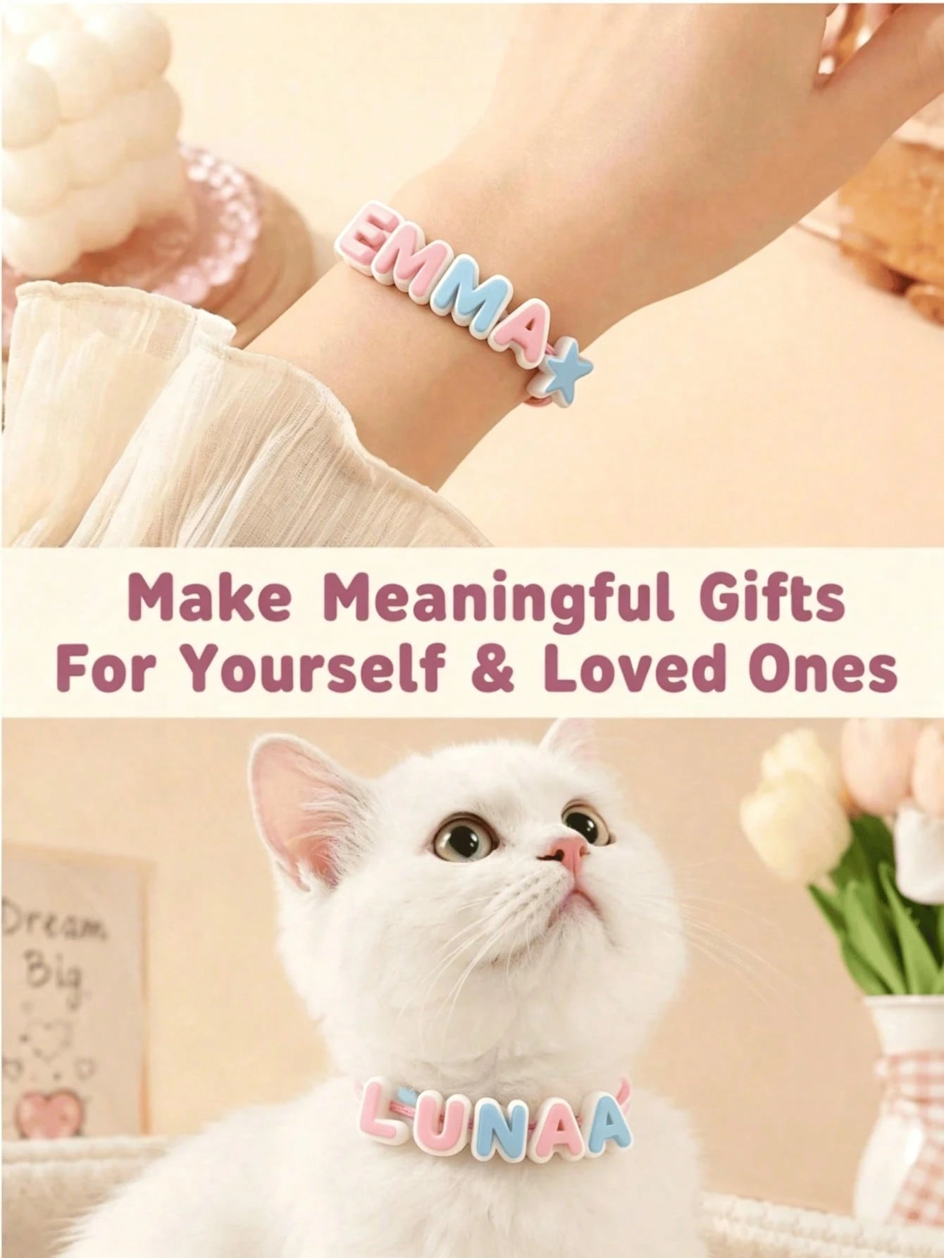 1/2 Set Dual-Color 3D Letter Perforated Beads, Macaron Pink Blue White Color Scheme Handmade Beading Material, Customizable Pet Name Collar And Handmade Bracelet Decorative Accessories, 3D Printed