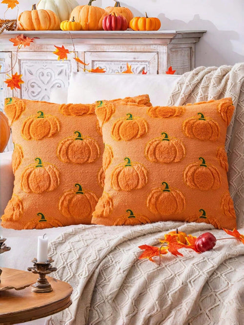 1/2pcs Autumn Pumpkin Orange Pillow Covers 18x18, Halloween Thanksgiving Indoor Decoration, Sofa Throw Pillow, Holiday Home Decor