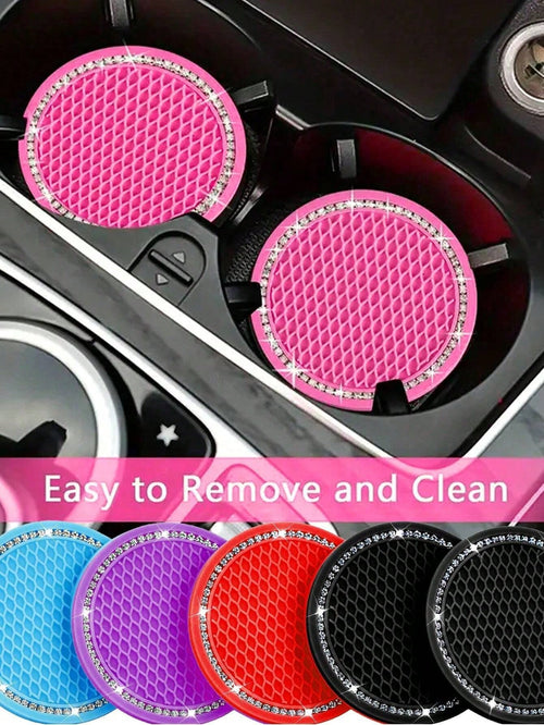 1/2pcs Car Cup Holder Coasters, Shiny Cup Holder Insert Coasters, Universal Car Anti-Slip Cup Holder Decorative Silicone Cup Mats, Car Interior Pad, 7cm/2.75" Soft Crystal Rhinestone Rubber Coaster Se