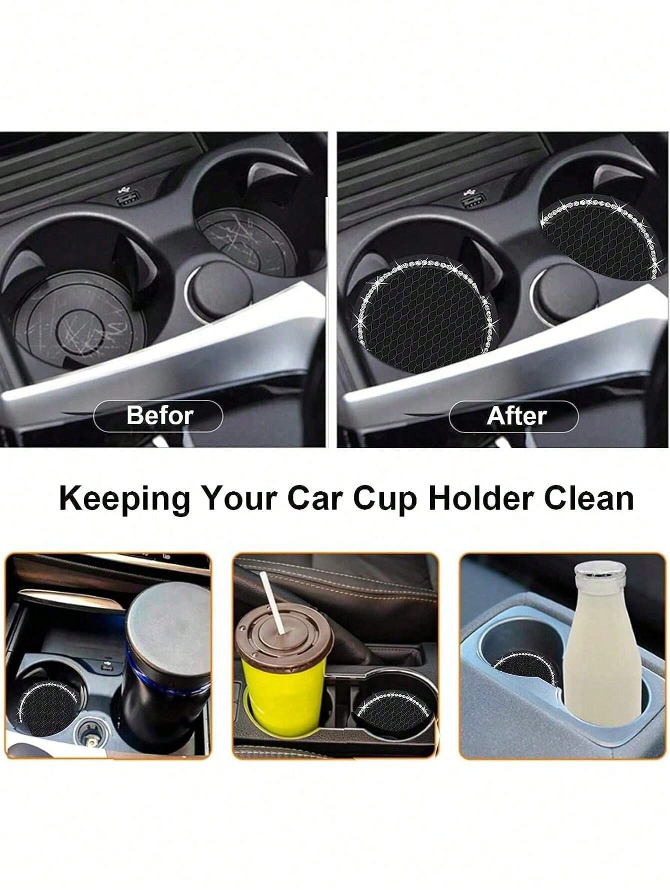 1/2pcs Car Cup Holder Coasters, Shiny Cup Holder Insert Coasters, Universal Car Anti-Slip Cup Holder Decorative Silicone Cup Mats, Car Interior Pad, 7cm/2.75" Soft Crystal Rhinestone Rubber Coaster Se